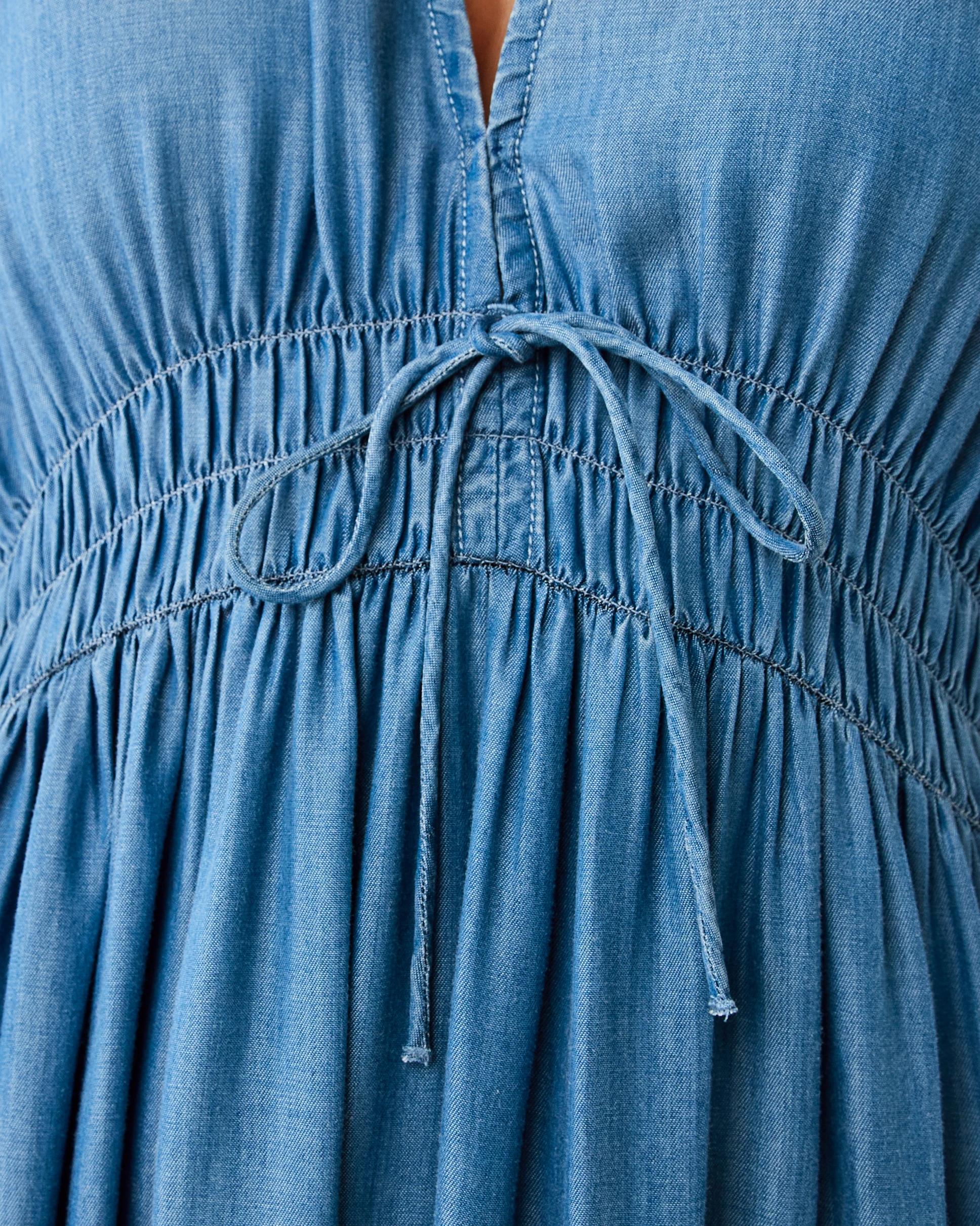 6 Short Sleeve Lyocell Tie Front Midi Dress Mid Wash, 6 of 8