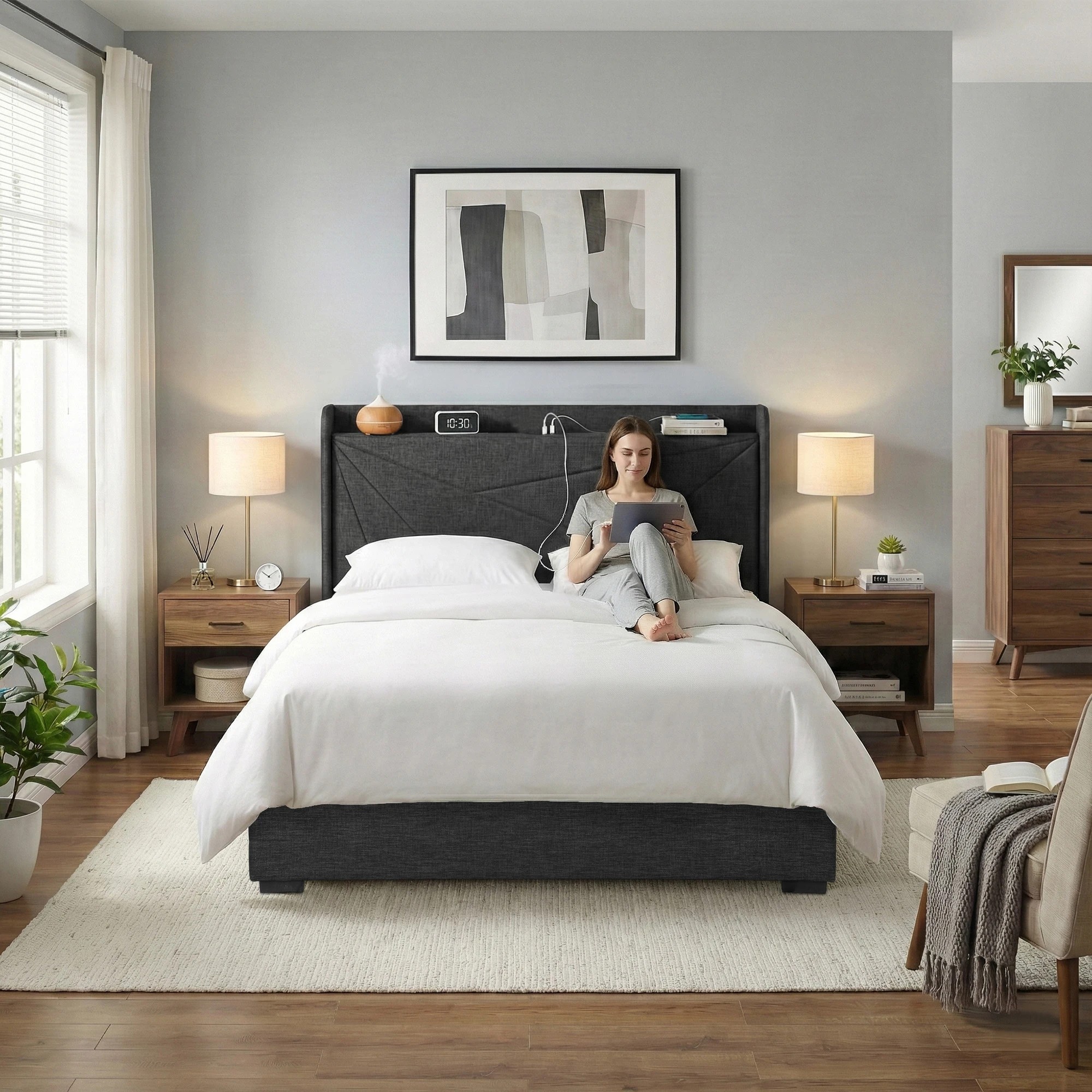 8 Artiss Double Bed Frame Gas Lift Storage Bed with Charging Ports Upholstered Geometric Headboard Charcoal - Black, 8 of 9