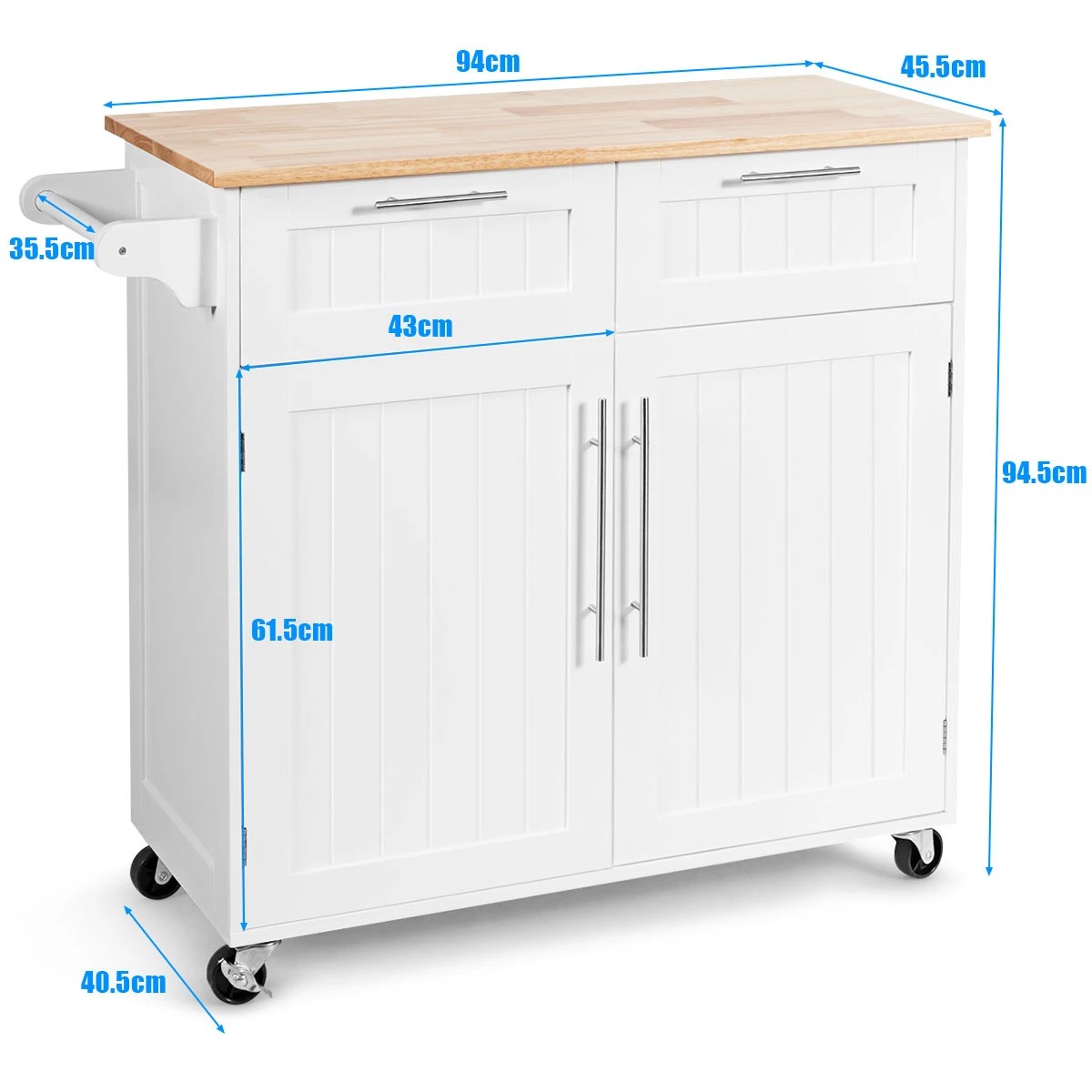 4 Costway Kitchen Island Trolley Rubber Wood Top White, 4 of 5