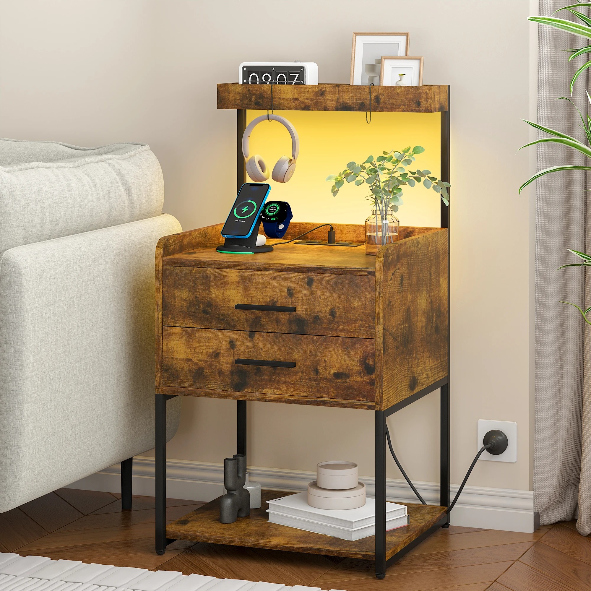 6 Advwin Set of 2 Bedside Table with Charging Station LED Lights Drawers - Brown, 6 of 10