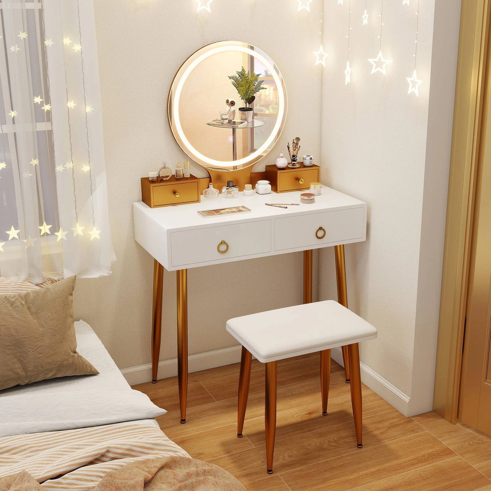 2 Costway 3-Color LED Makeup Vanity Desk Set w/Touch Mirror Dressing Table & Cushioned Stool, 2 of 3