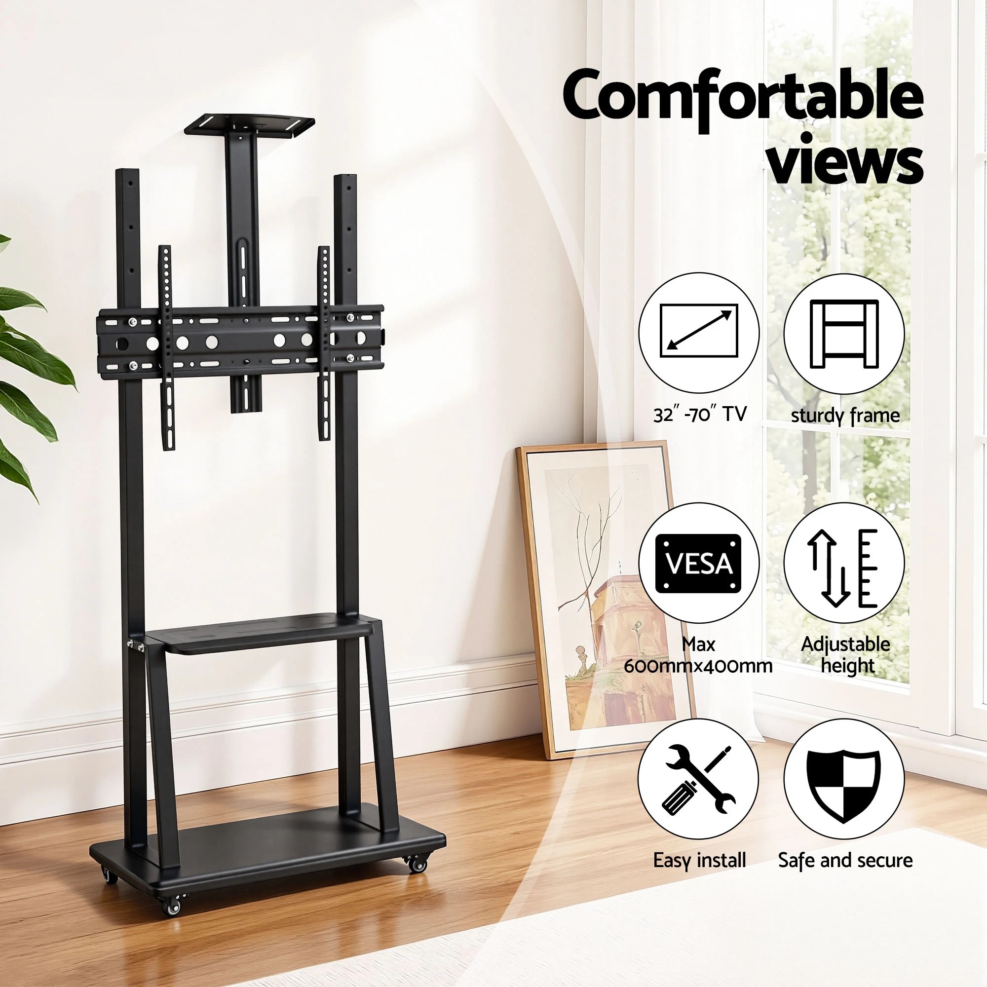 5 Artiss TV Stand  32-70" Universal Mobile Adjustable Height TV Stand with Wheels - Black, 5 of 10