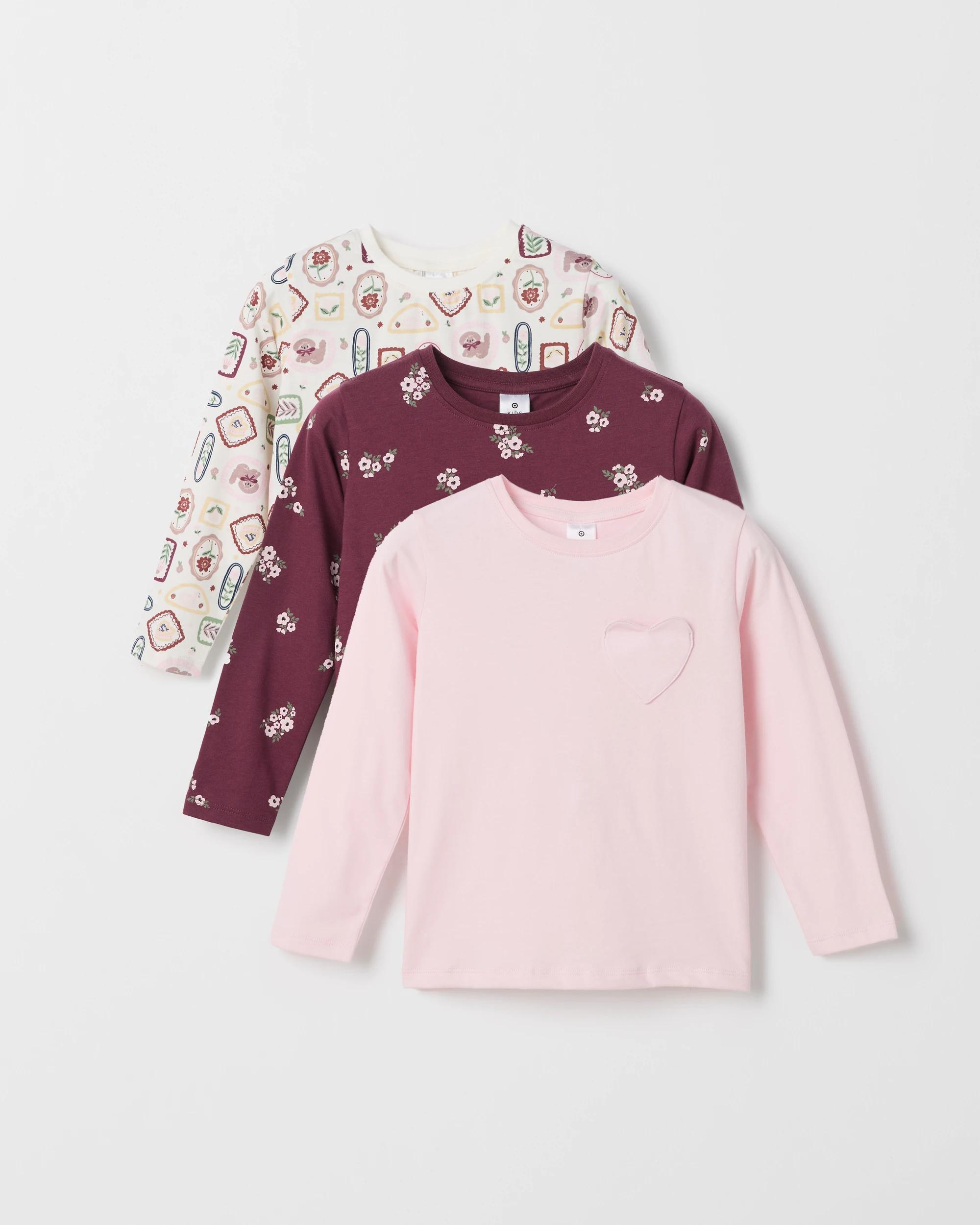 1 Target Kids Australian Cotton 3 Pack Long Sleeve T-Shirt STAMP/DITSY/SOLID PINK, 1 of 5