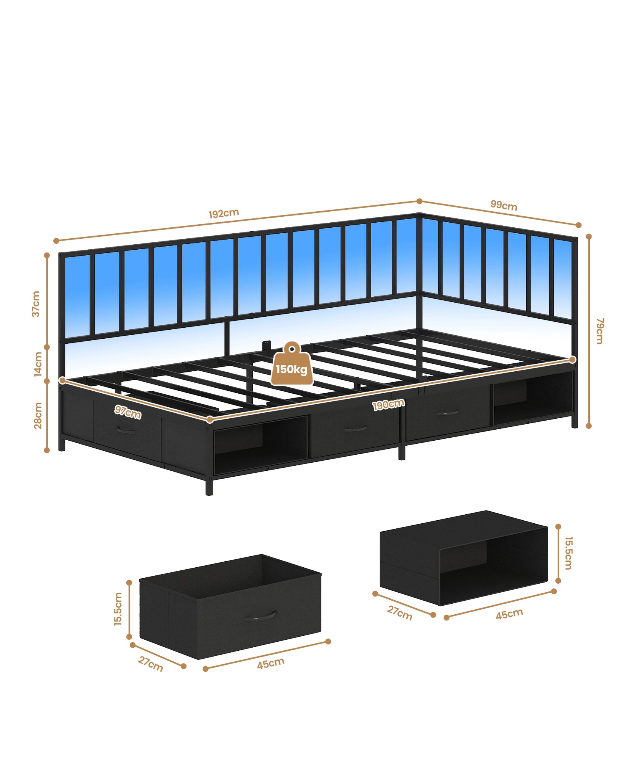 6 Advwin Single Corner Bed Frame L Shaped with LED Light and Drawers - Black, 6 of 9