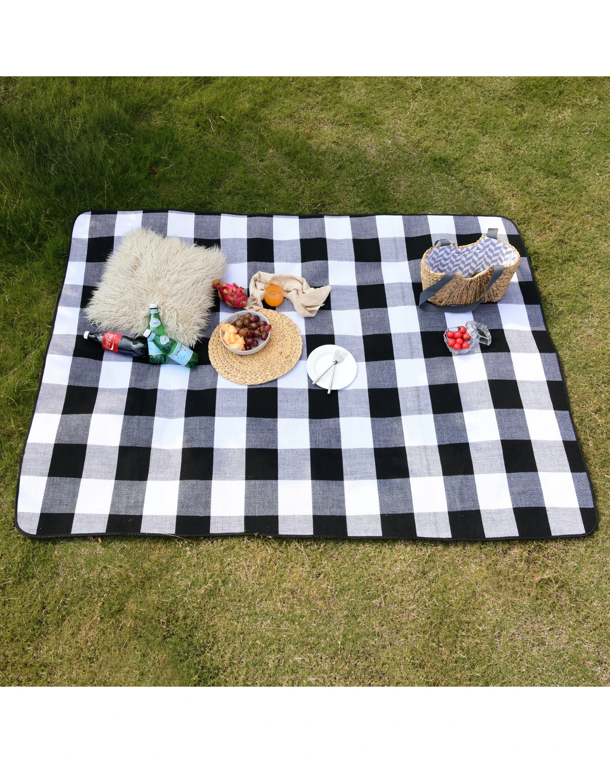 6 Sherwood Faux Linen Plaid Picnic Rug 200x150cm - Black and White, 6 of 6