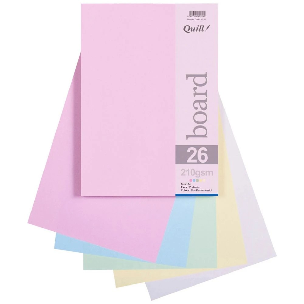 1 Quill A4 210gsm Board Pastel Assorted 25 Pack, 1 of 2