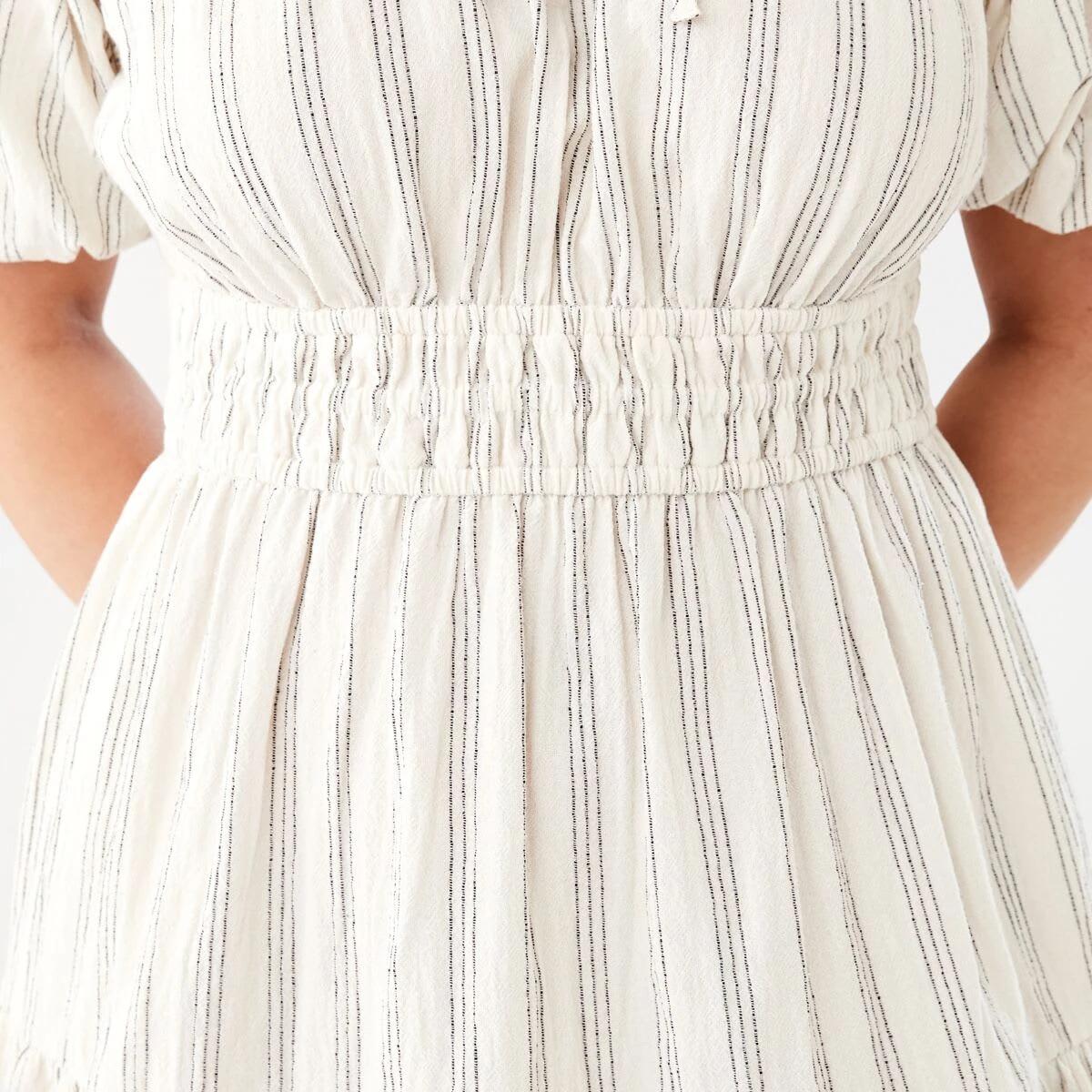 8 Short Sleeve Shirred Waist Mini Dress TRIPPLE STRIPE NATURAL BEIGE, 8 of 11
