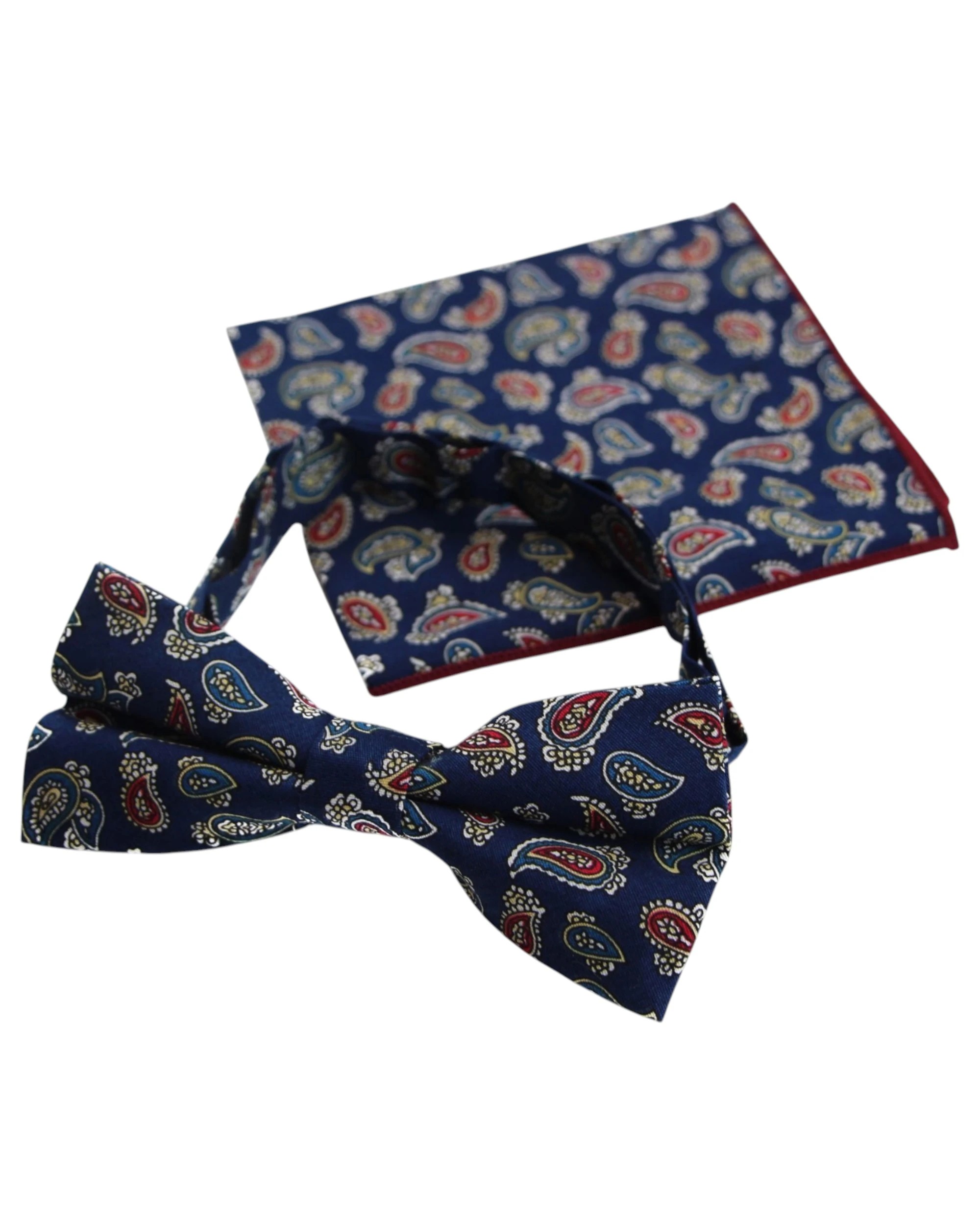 2 Zasel Mens Navy, Red, White, Yellow & Blue Paisley Cotton Bow Tie & Pocket Square Set - Multi - Multi, 2 of 6
