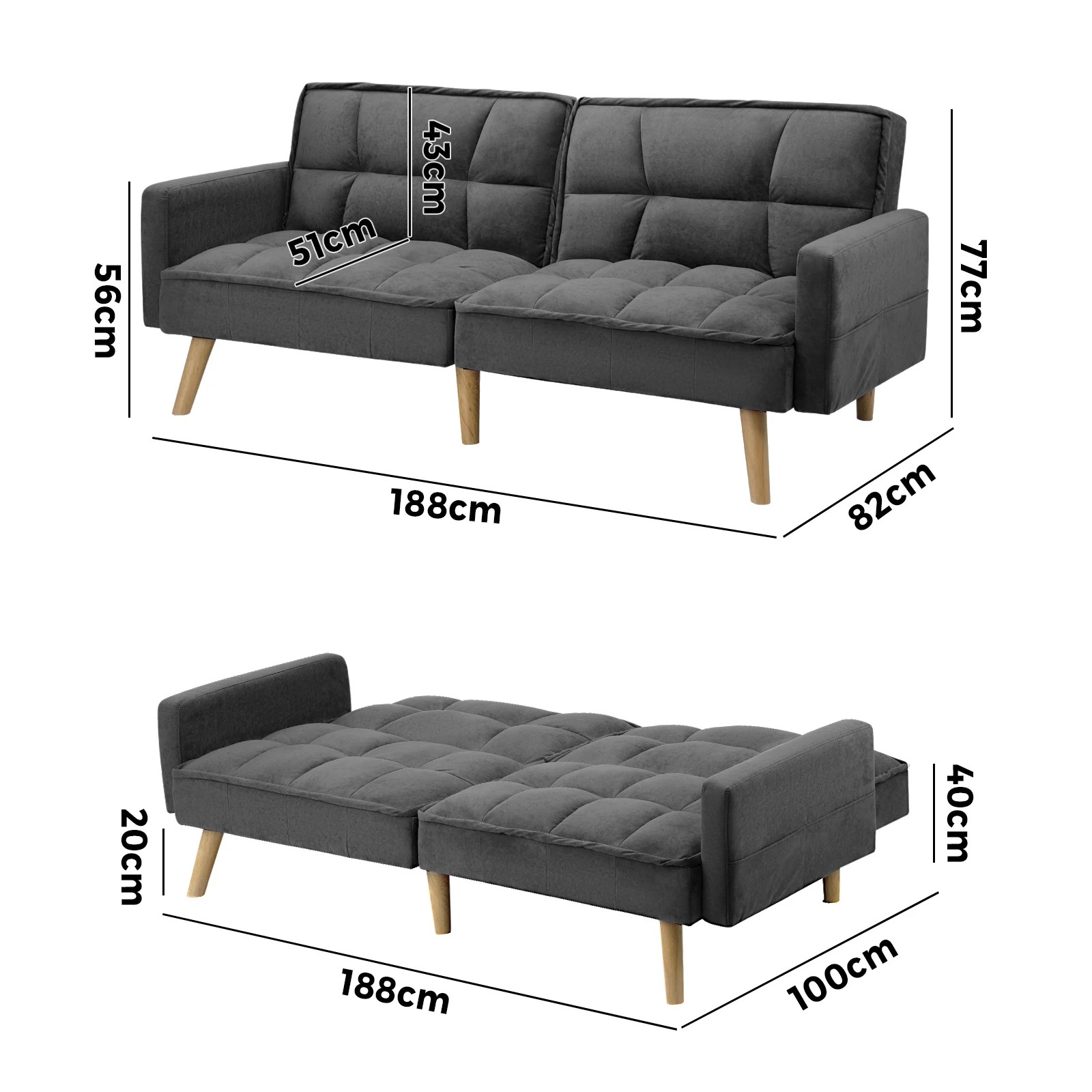 10 Oikiture Sofa Bed Futon Convertible Velvet Lounge Couch 3-seater Recliner
 - Grey, 10 of 10