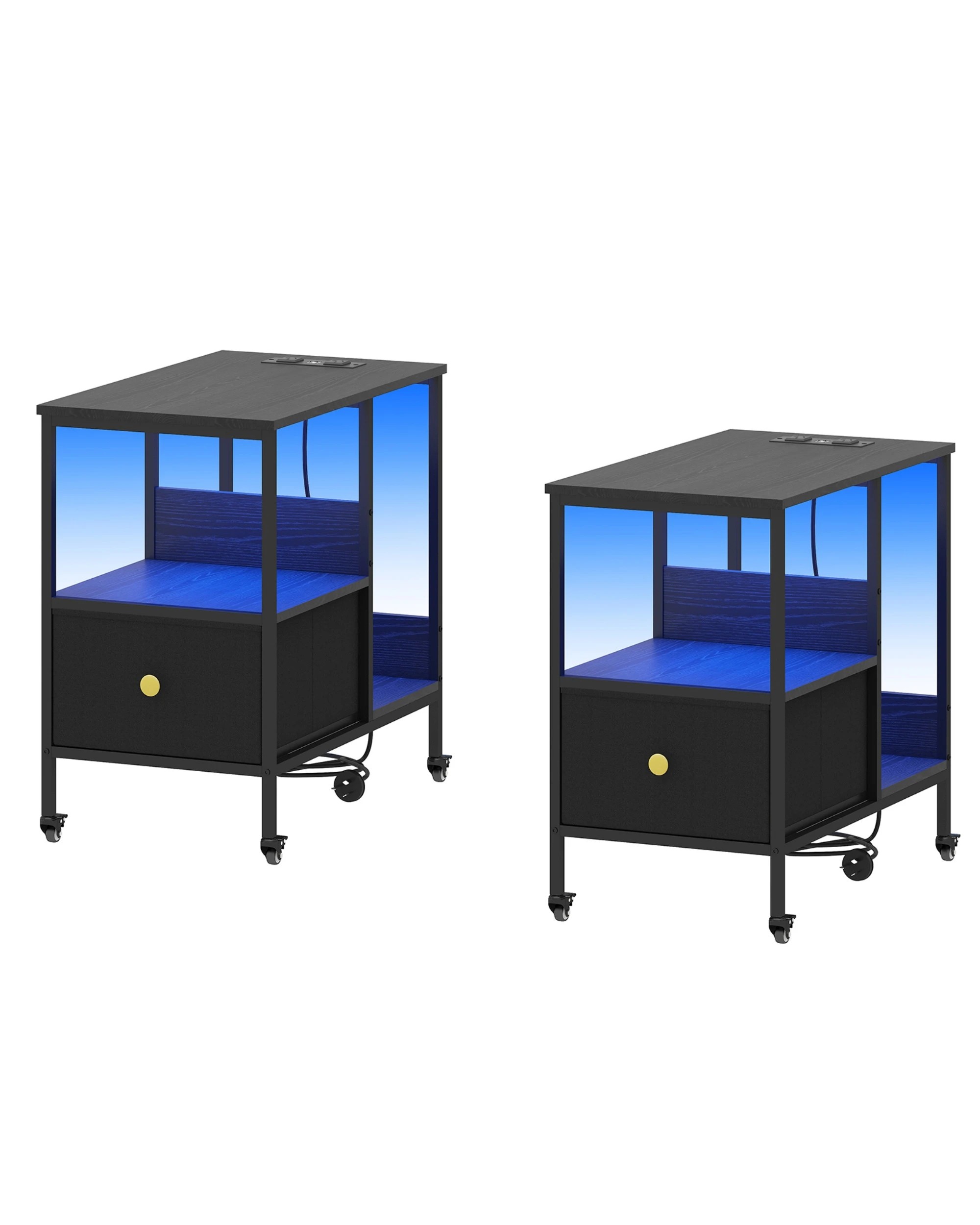 2 Advwin LED Side Table Set of 2 Sofa End Table w/ Power Outlets & Wheels Slim Bedside Table w/Reversible Drawer  - Black, 2 of 9