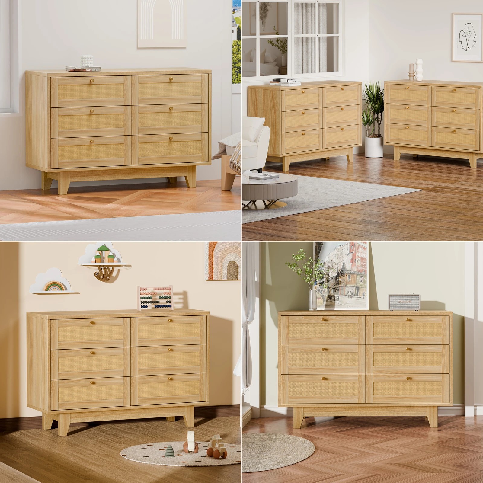 4 Alfordson 6 Chest of Drawers Rattan Storage Cabinet Dresser - Oak, 4 of 10