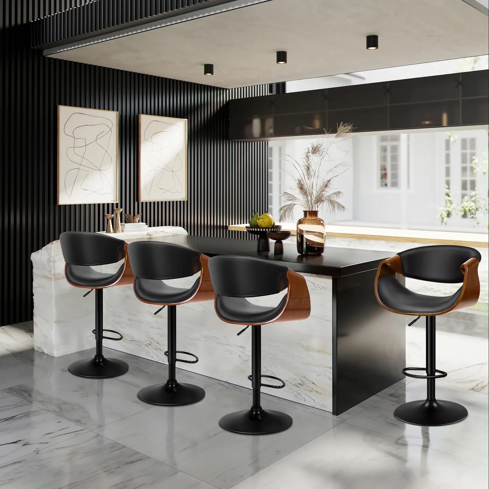 8 Alfordson 1x Bar Stool Kitchen Swivel Chair Wooden Leather Gas Lift Trice - Black, 8 of 10