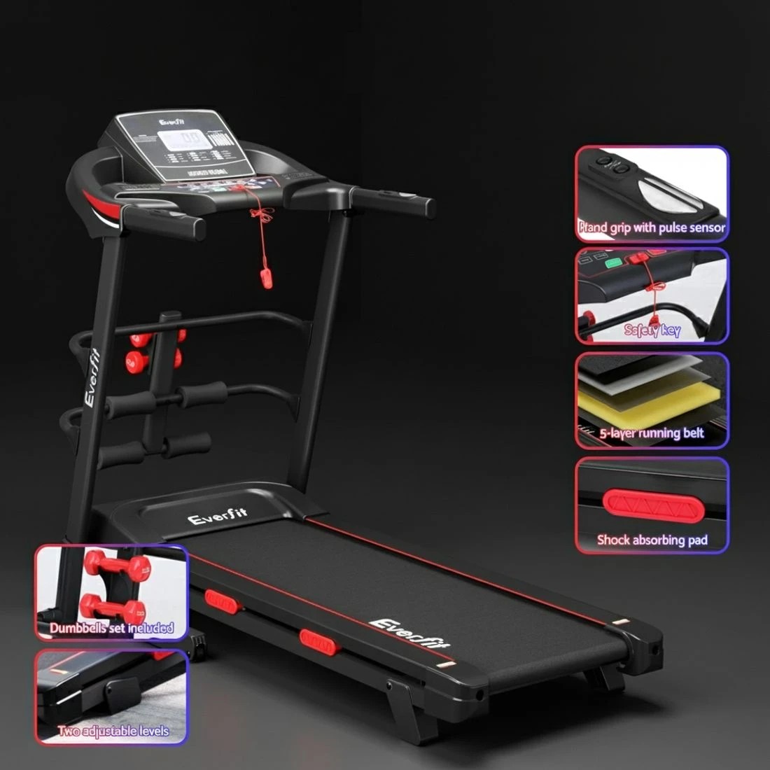 6 Everfit Treadmill Electric Home Gym Fitness Exercise Machine w/ Sit Up Bar - Black, 6 of 6