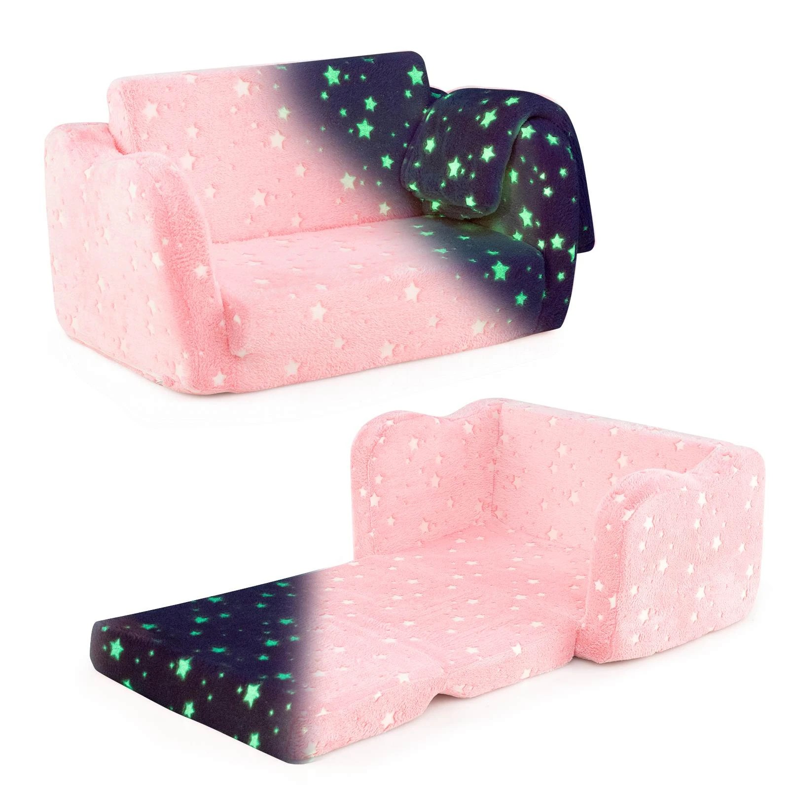 1 Costway 2-in-1 Luminous Foldable Sofa w/Blanket & Machine Washable Flannel Cover - Pink, 1 of 2