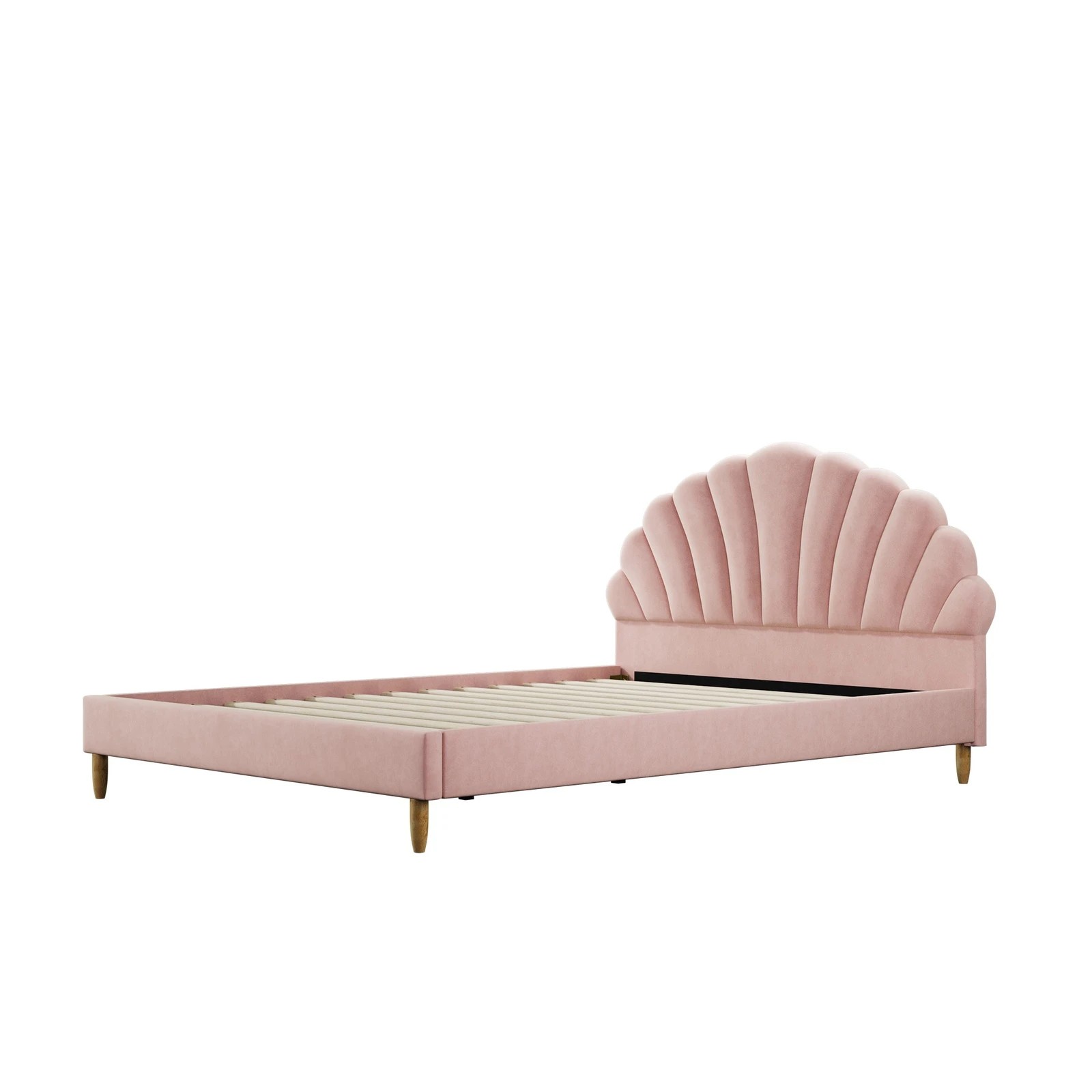 8 Oikiture Bed Frame Double Size Scallop-Shape Bedhead Velvet with Mattress - Pink, 8 of 8