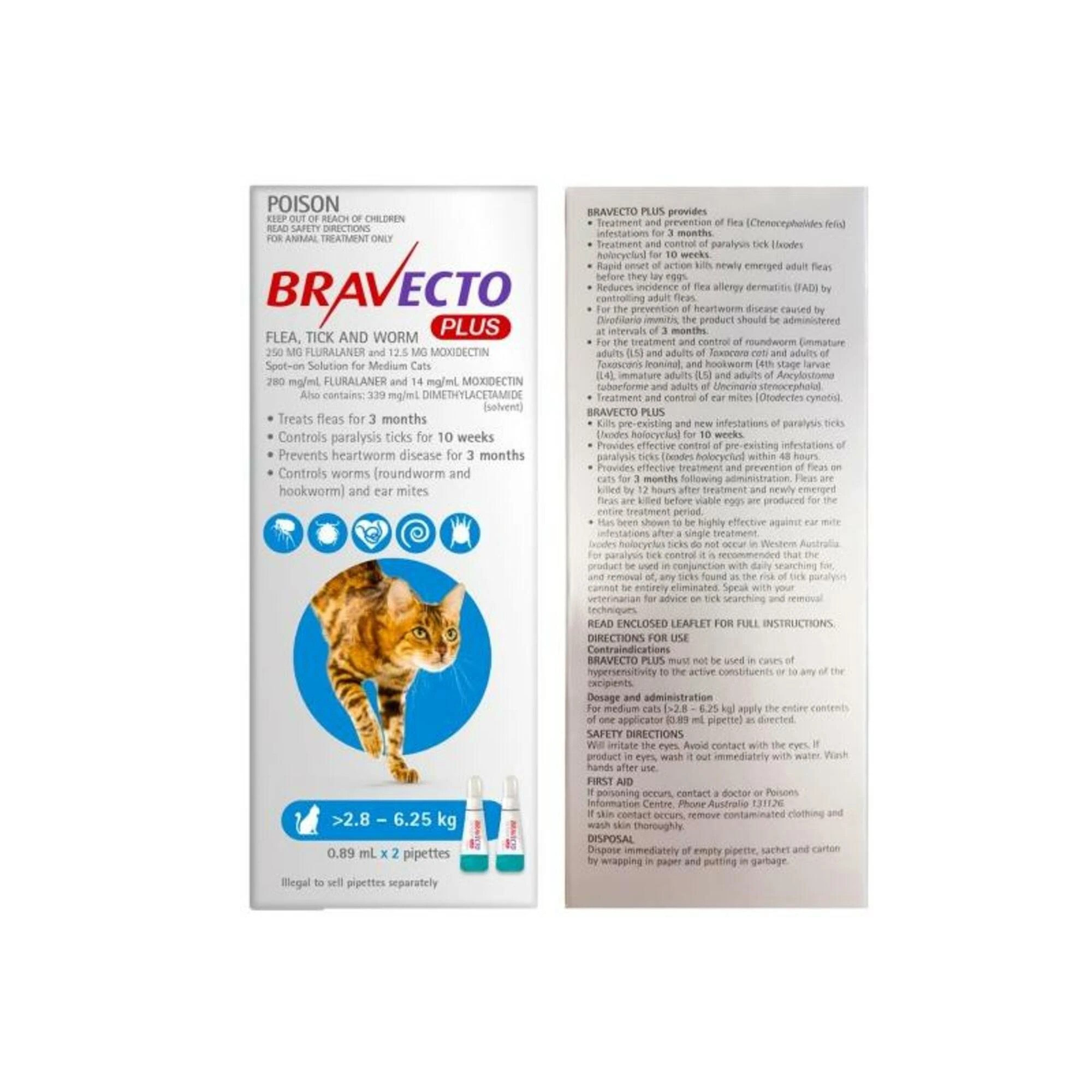2 Bravecto Plus Spot On For Medium Cats 2.8 - 6.25kg - 1 Pack, 2 of 2