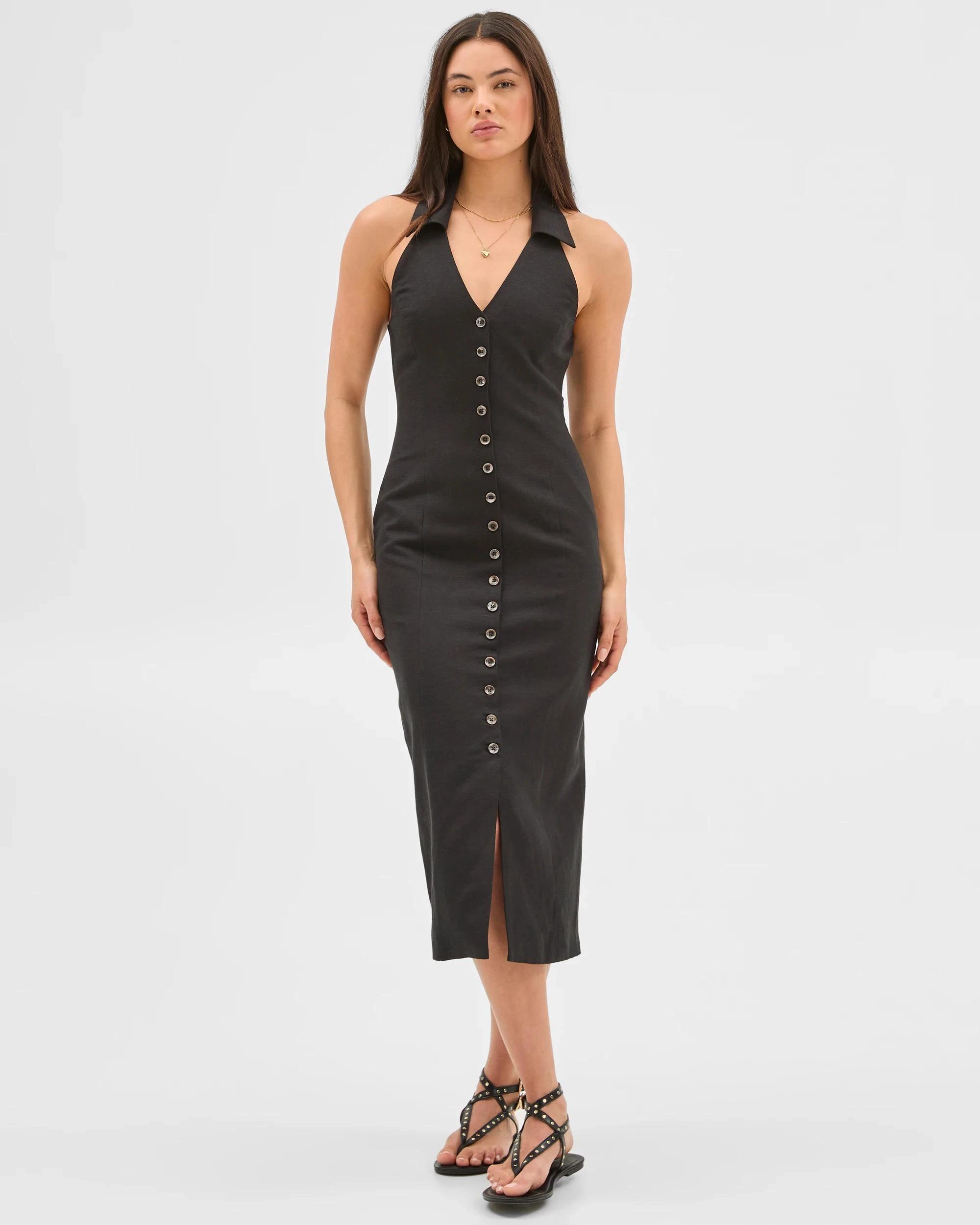 1 European Linen Blend Collared Midi Dress - Lily Loves BLACK, 1 of 6