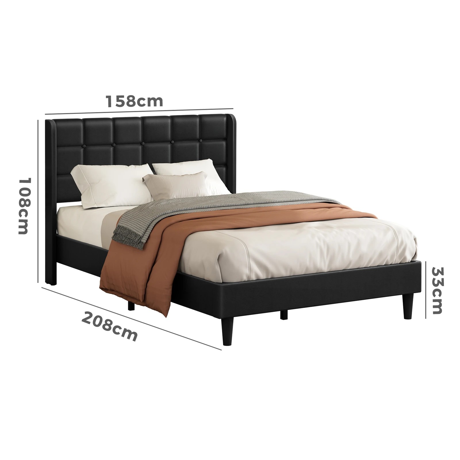 10 Alfordson Bed Frame Double Size Upholstered Wingback Base Leather Sarah - Black, 10 of 10