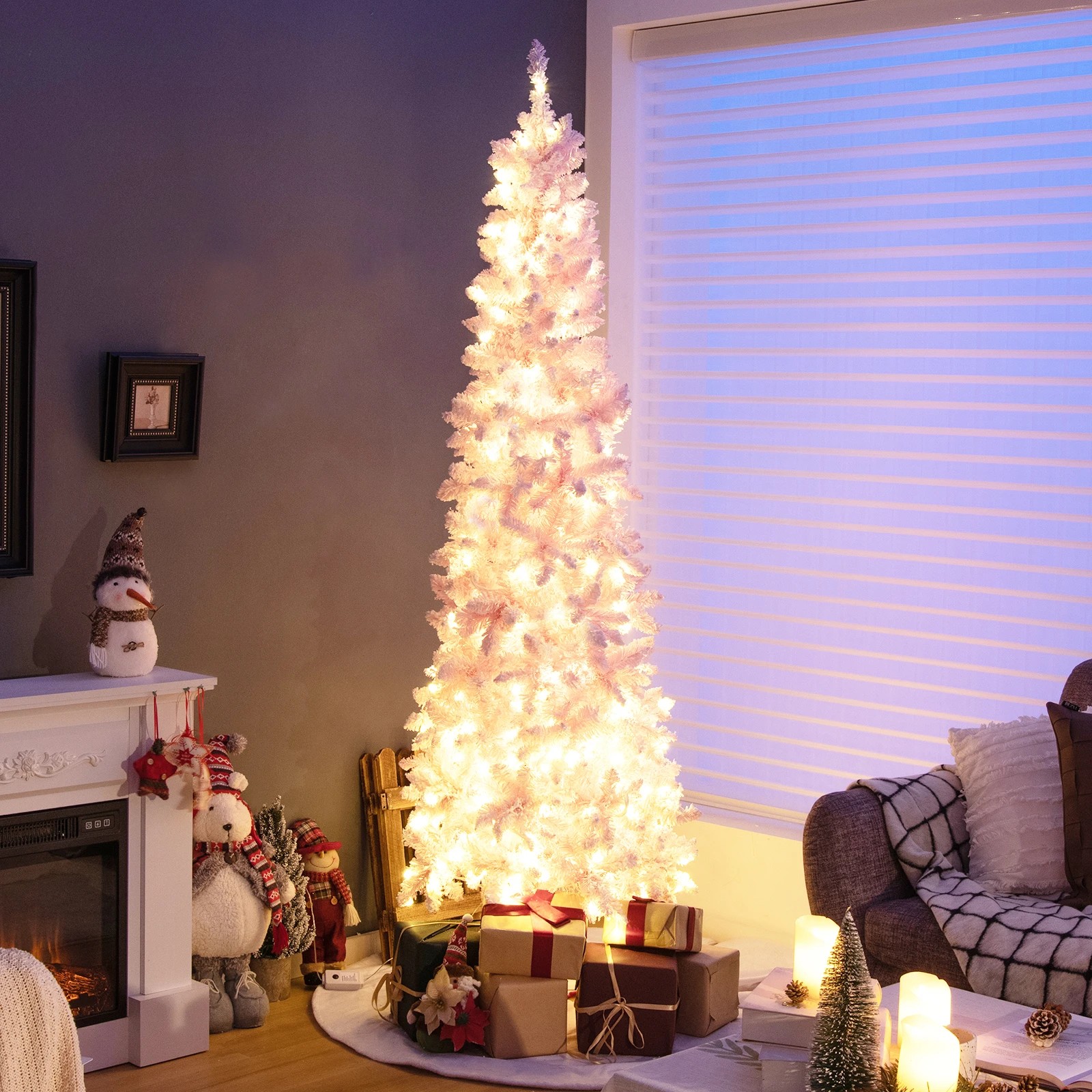 2 Costway 2.1M Pink Snow Flocked Christmas Tree w/300 LEDs Pre-Lit Artificial Xmas Tree, 2 of 4