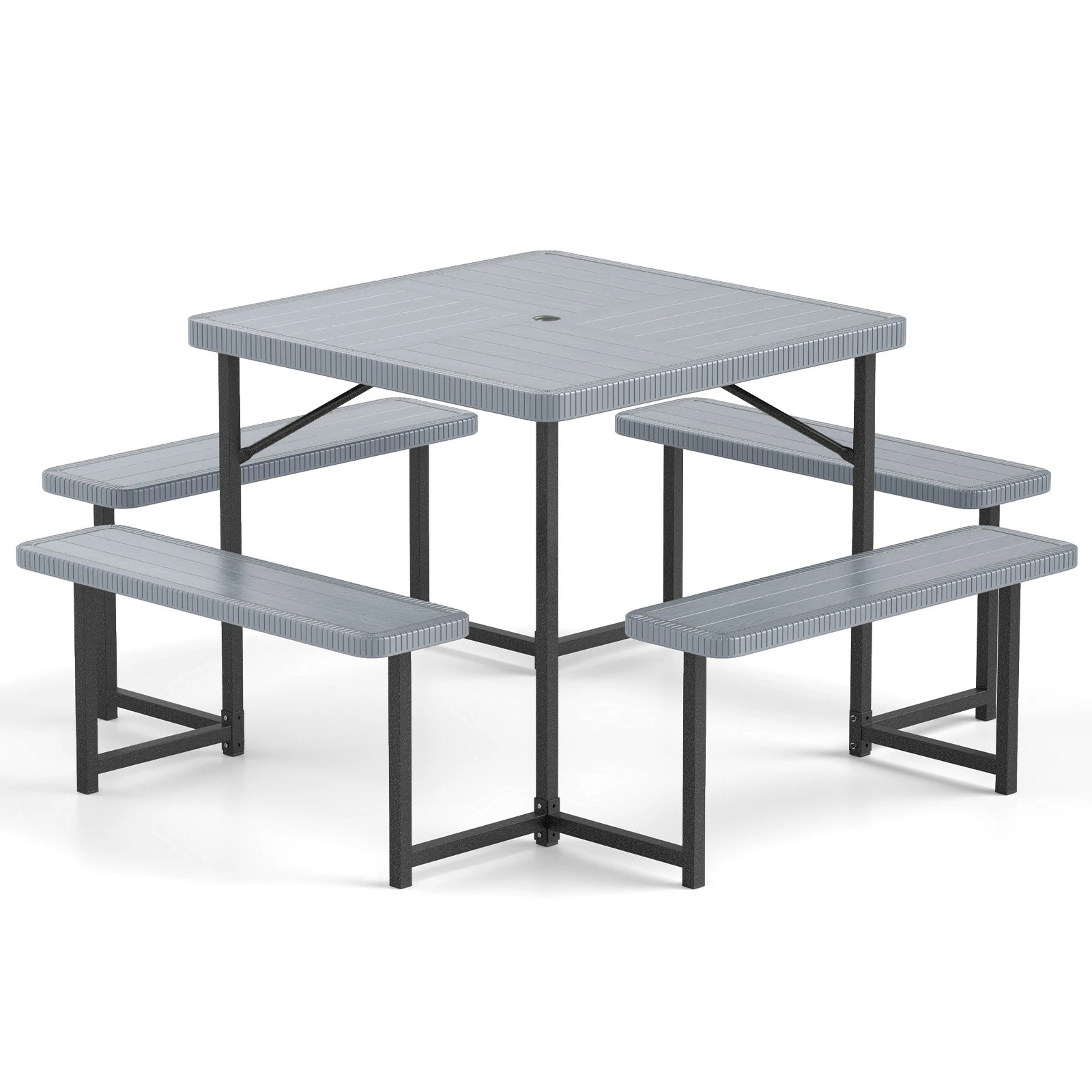 1 Costway Picnic Table Bench Set for 4-8 People w/All-Weather HDPE Tabletop & Umbrella Hole - Grey, 1 of 3