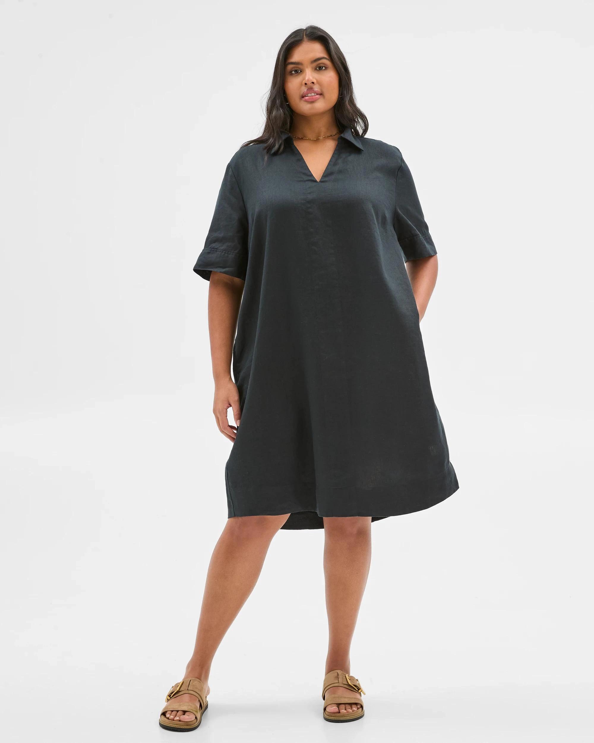 1 Target Curve Plus Size European Linen Popover Dress BLACK, 1 of 5