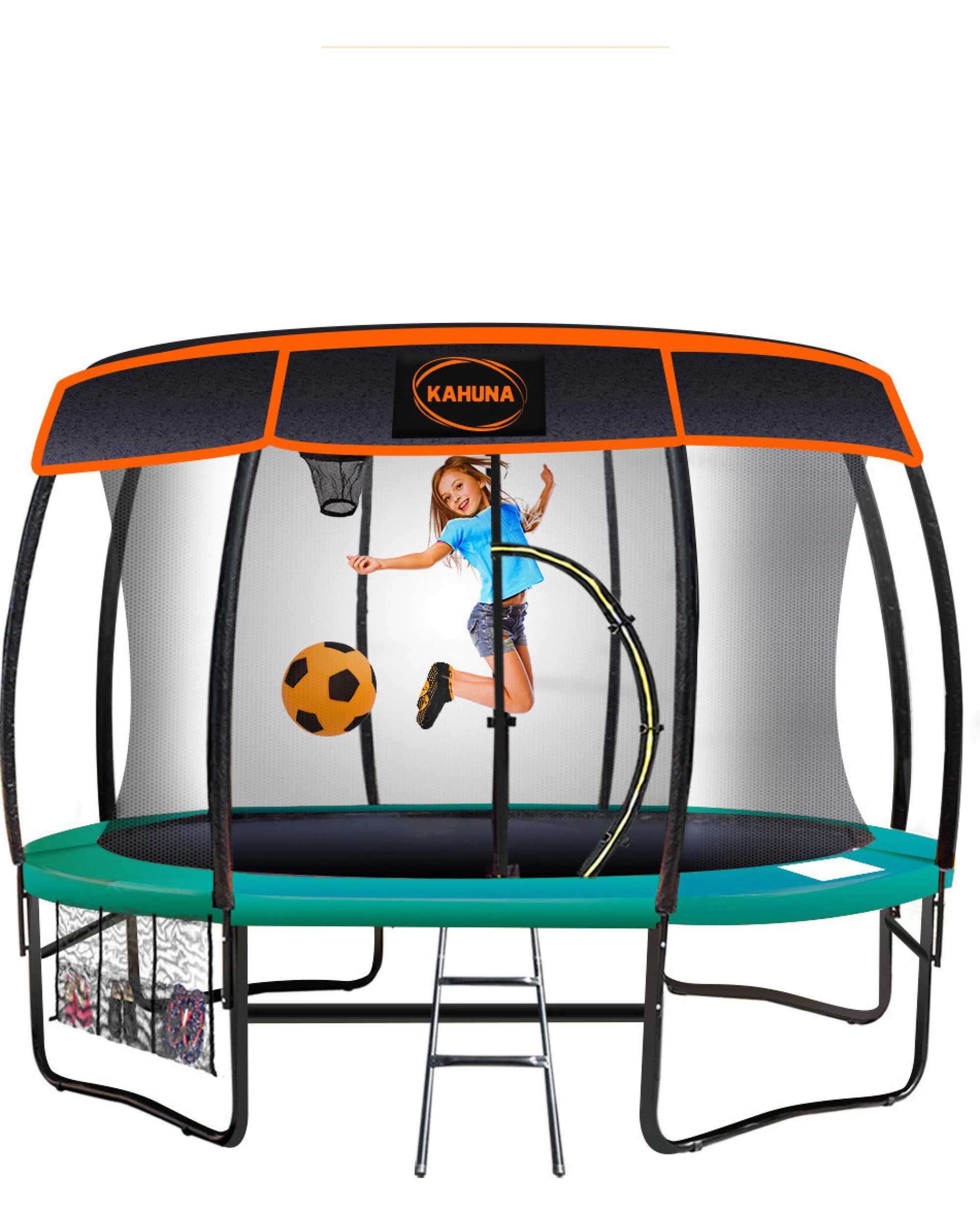 1 Kahuna Trampoline 12 ft with Basketball Set and Roof - Green, 1 of 7