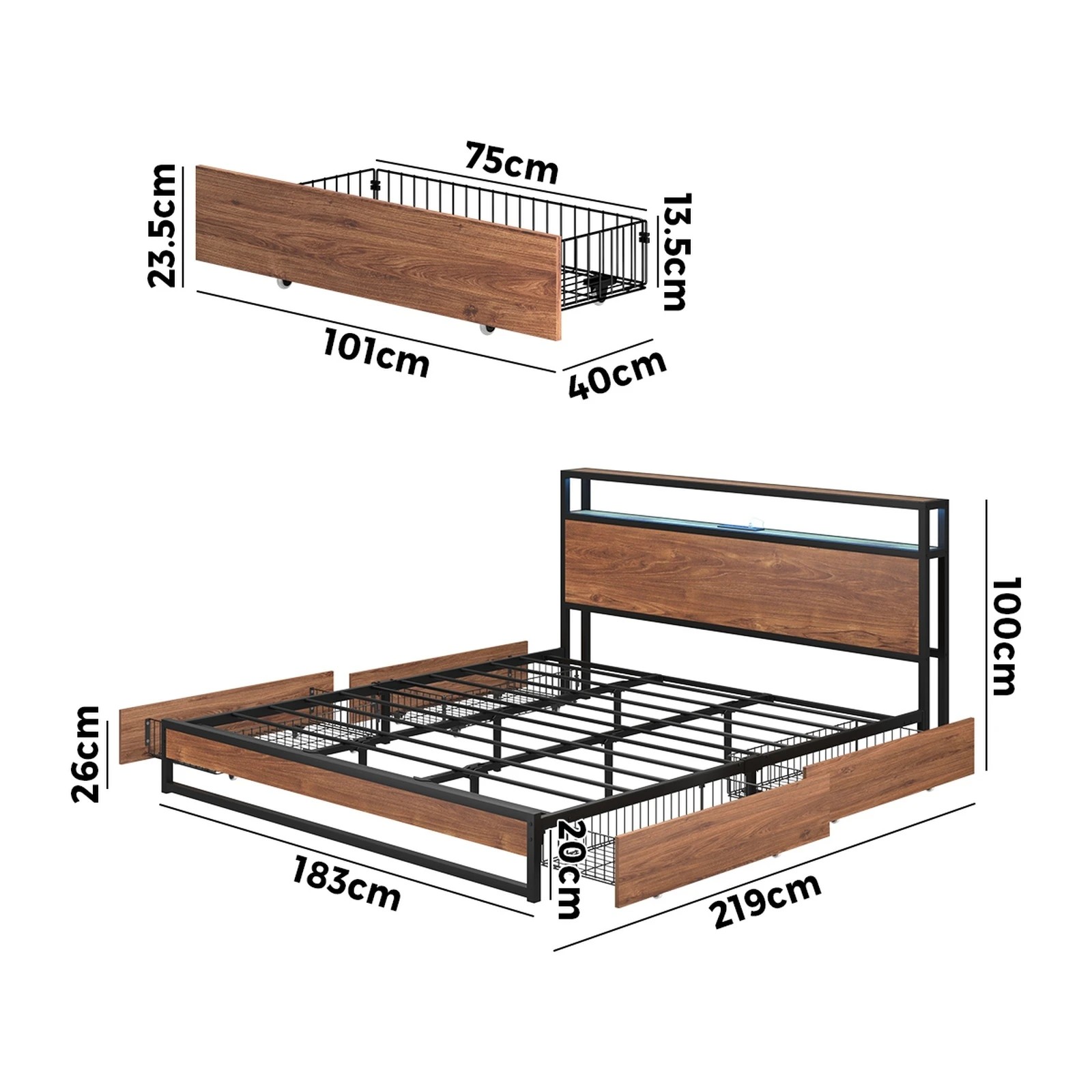 6 Oikiture Metal Bed Frame King Size With Led Headboard Storage Drawers Usb
 - Black, 6 of 7