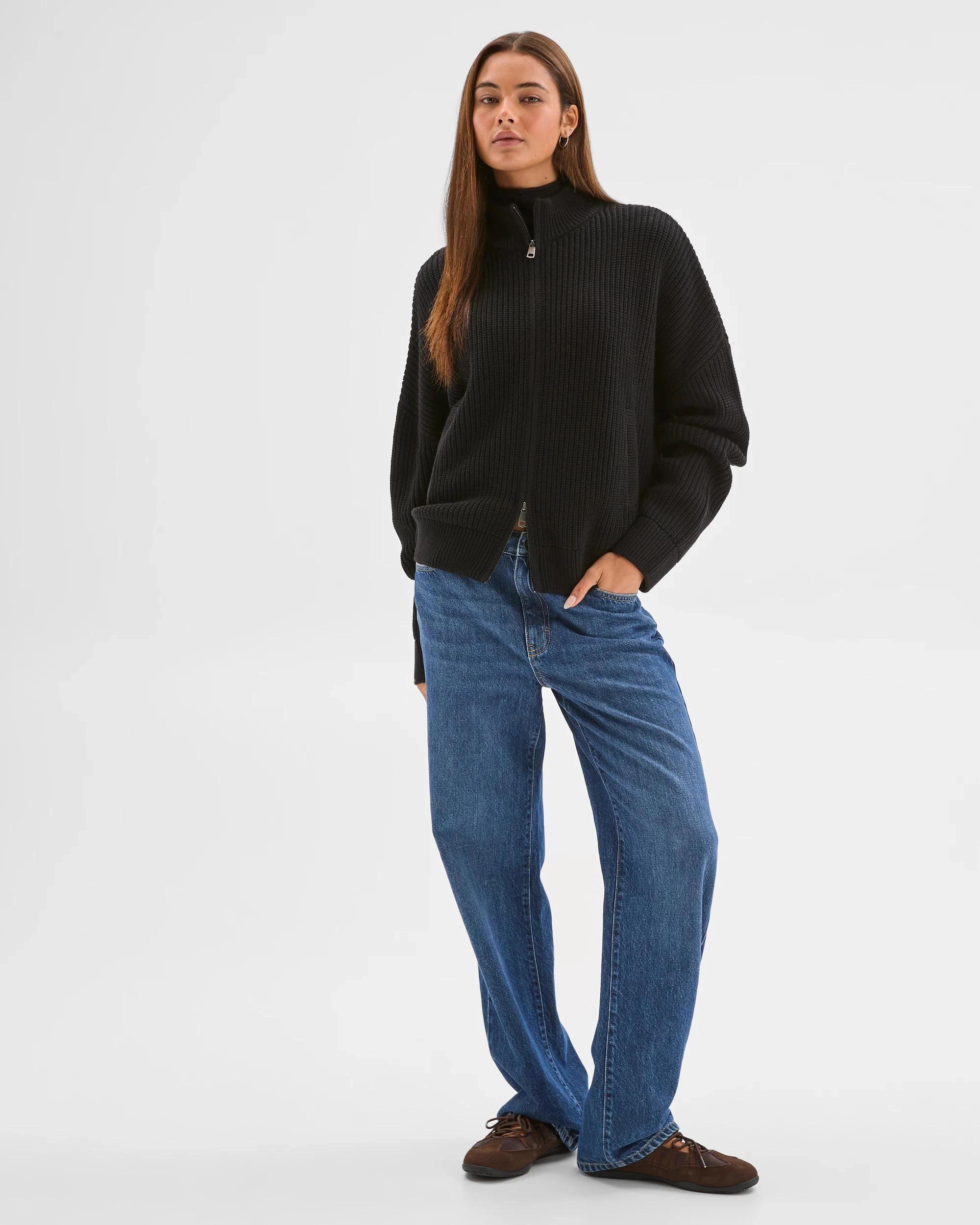 1 Lily Loves Australian Cotton Blend Zip Through Rib Cardigan BLACK, 1 of 8