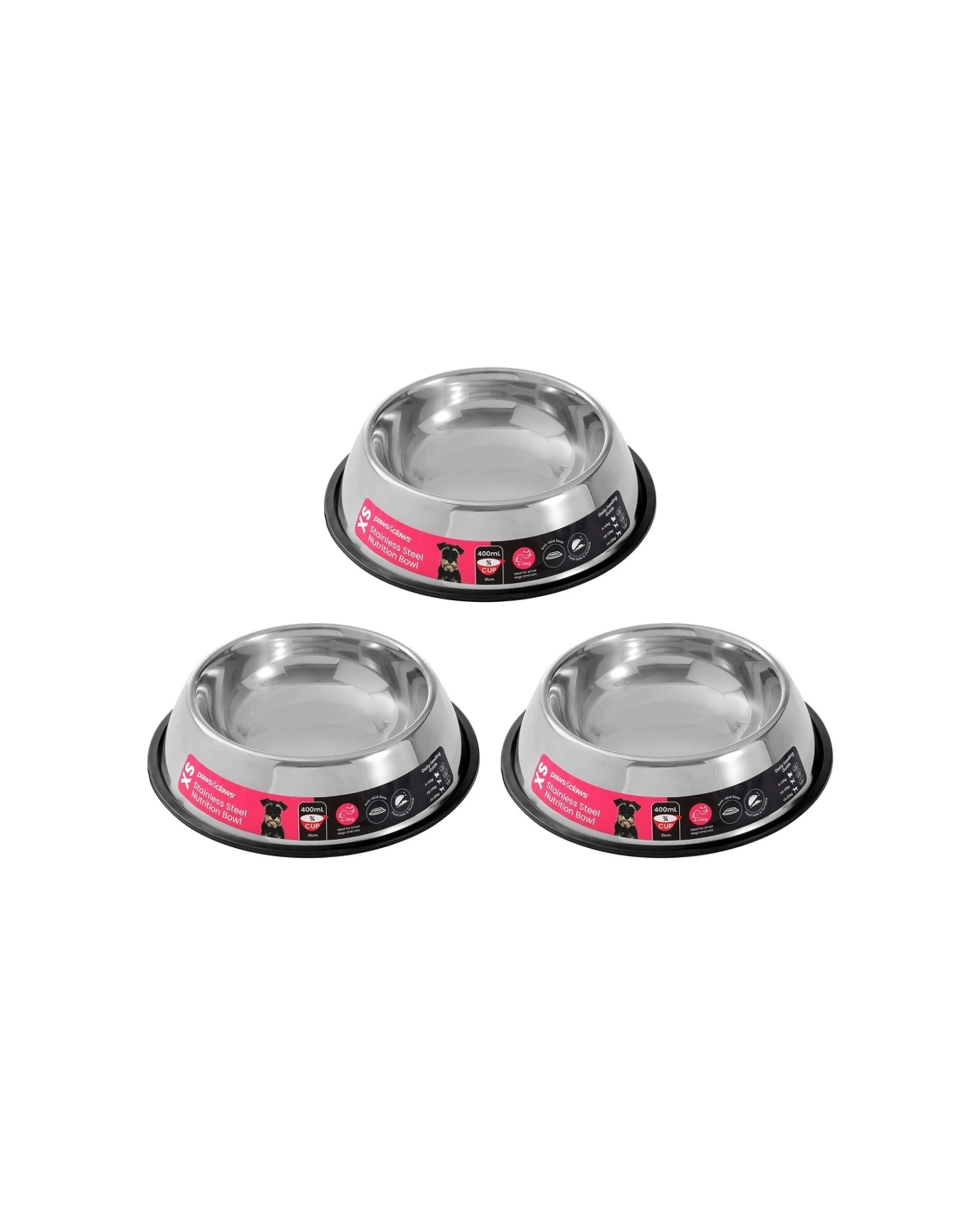 1 Paws And Claws 3pc Stainless Steel Pet Bowl Anti Skid Durable Small 450ml - Black, 1 of 5