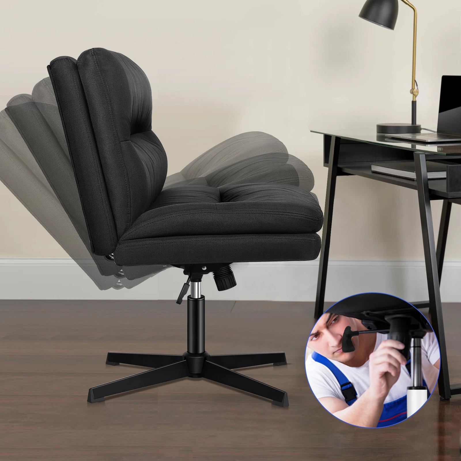 3 Alfordson Office Chair Computer Seat Cross-legged Work Ottoman Fabric - Black, 3 of 10