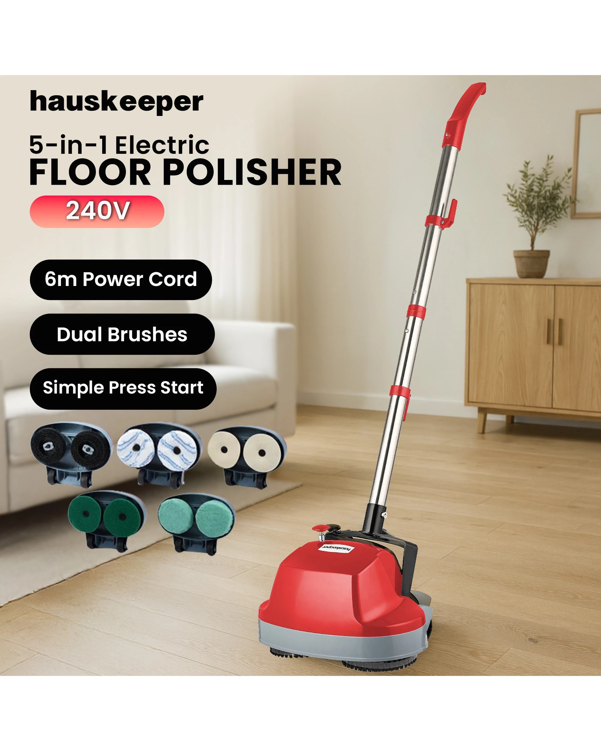 9 Hauskeeper 5 In 1 Electric 240v Floor Polisher With 6m Power Cable Timber Hard Waxer Buffer Cleaner Red, 9 of 10