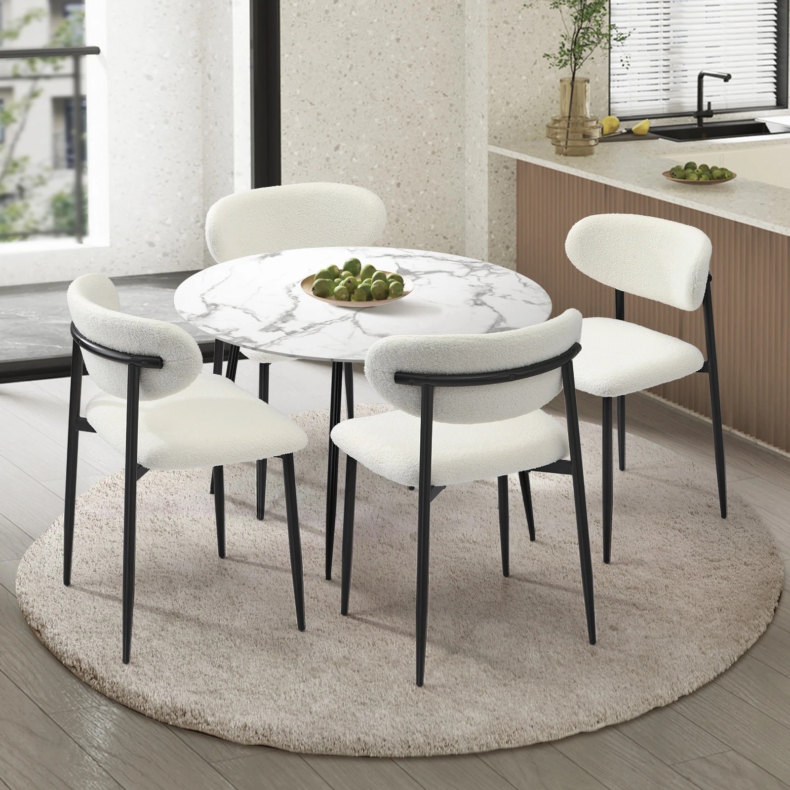 3 Oikiture 110cm Round Dining Table with 4x Dining Chairs Boucle - Multi, 3 of 9