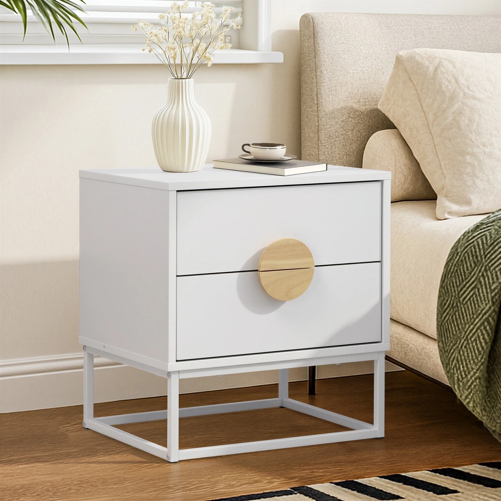 3 Oikiture Bedside Table Nightstand 2 Drawers Side End Table Steel Legs - White, 3 of 8
