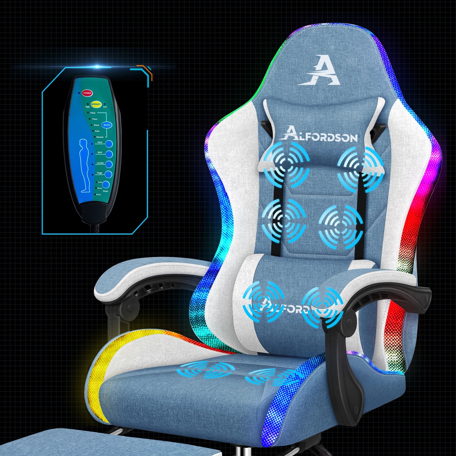 4 Alfordson Gaming Chair Office Massage 12 RGB LED Computer Seat Fabric - White Blue, 4 of 10
