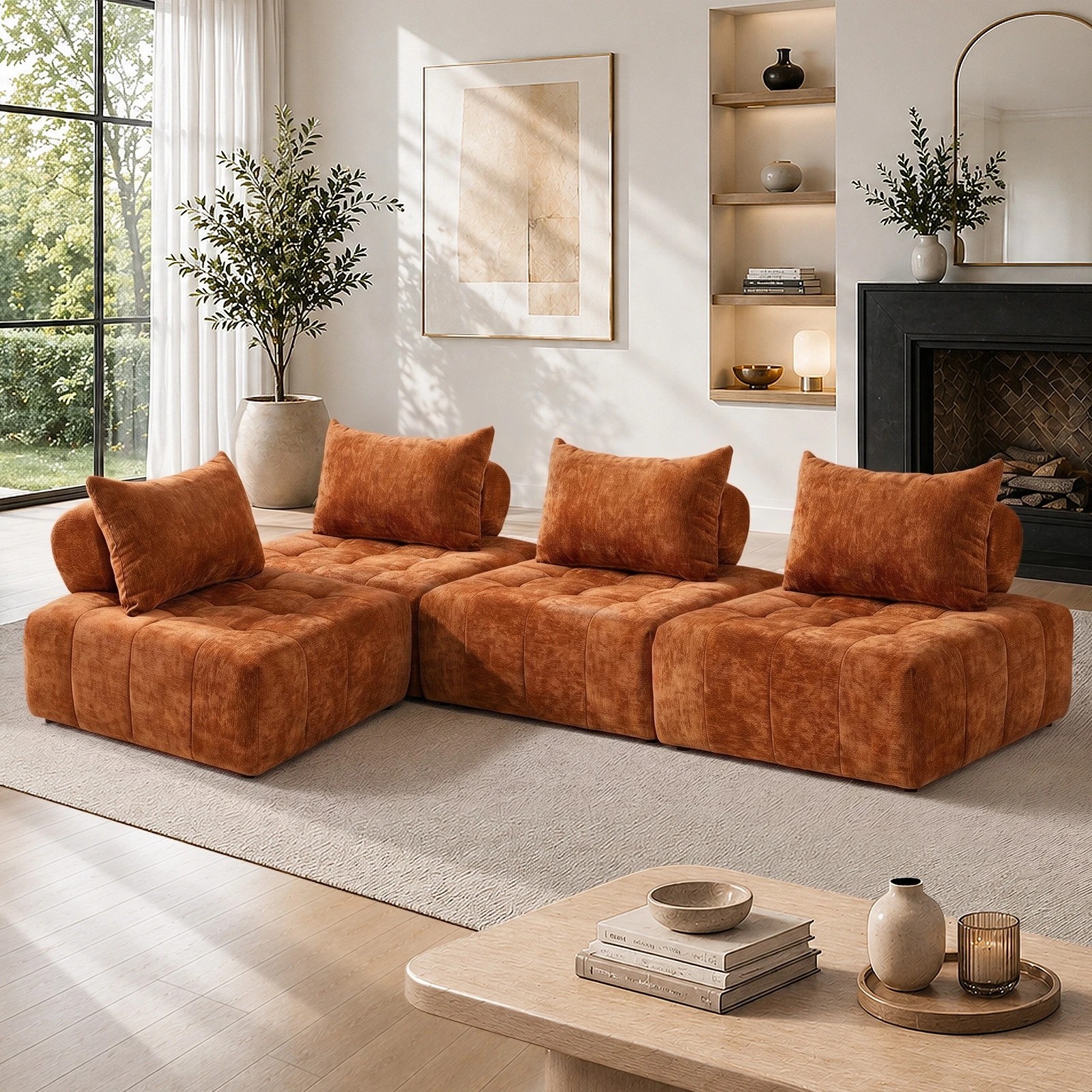 3 Oikiture 4x Chenille Modular Sofa Floor Lounge Chair w/Pillow TOFU Armless Chairs - Brown, 3 of 9