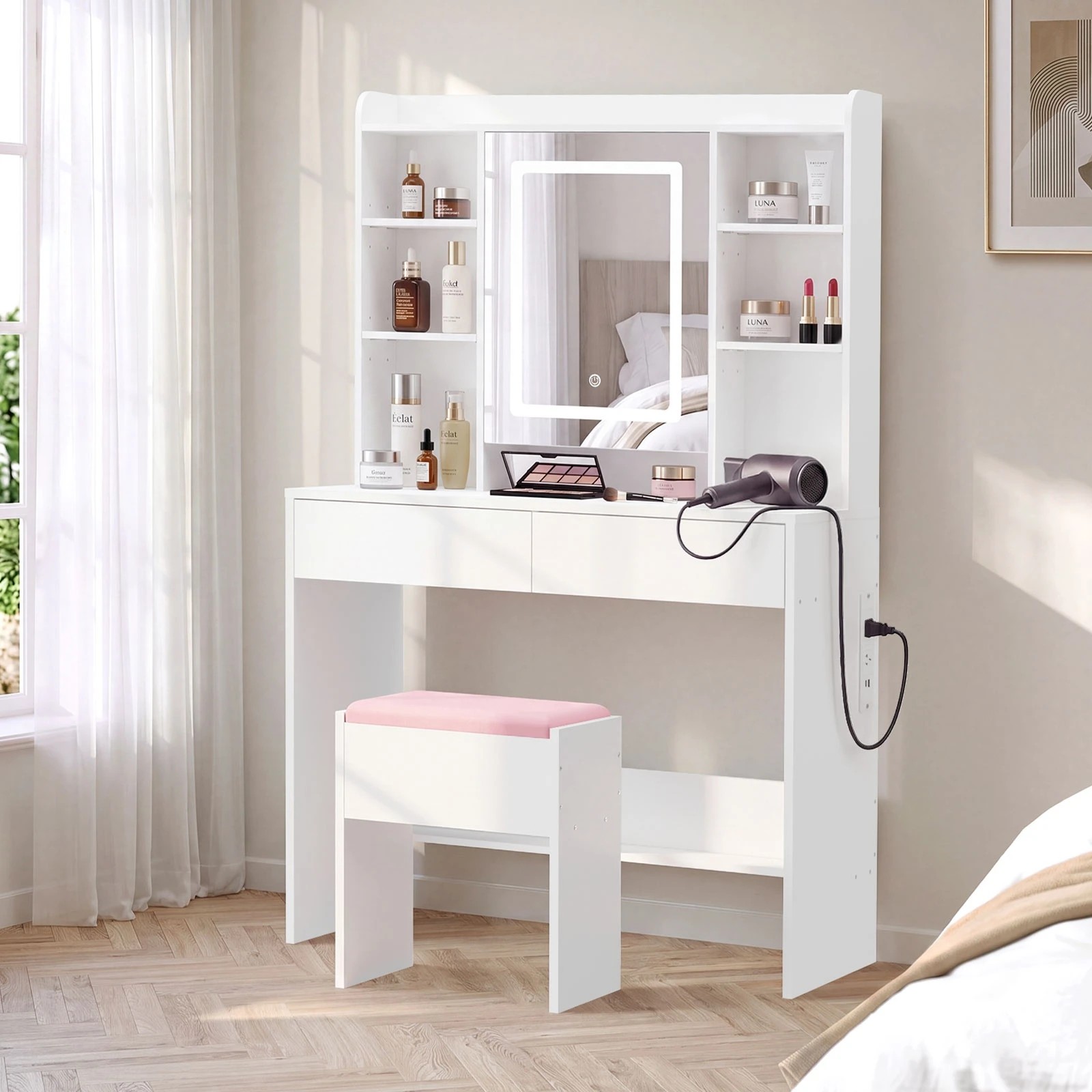 Oikiture Dressing Table Set Touch Control LED Mirror with Charging ...