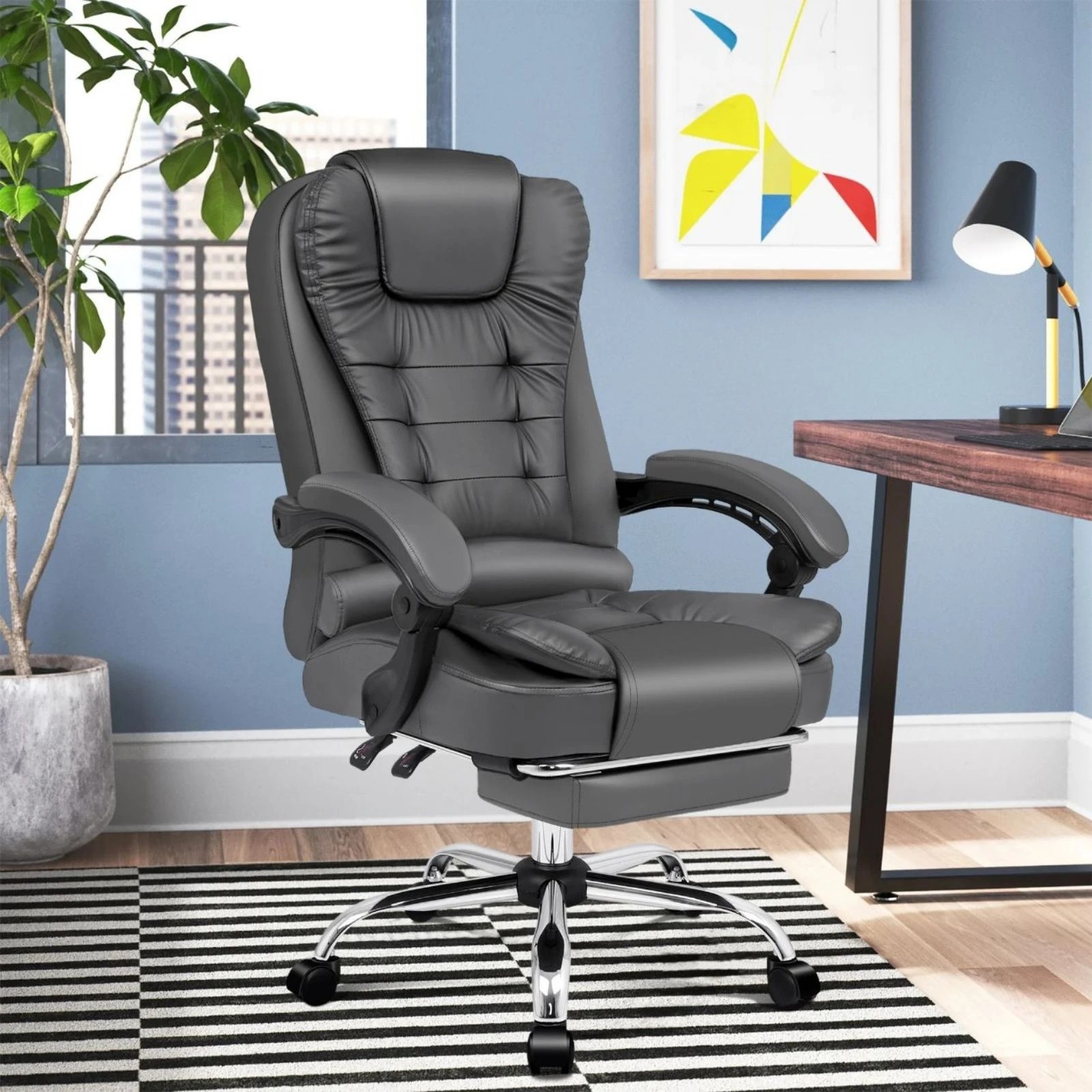 2 Alfordson Office Chair Gaming Executive Computer Racer Footrest PU Leather Seat - Grey, 2 of 10