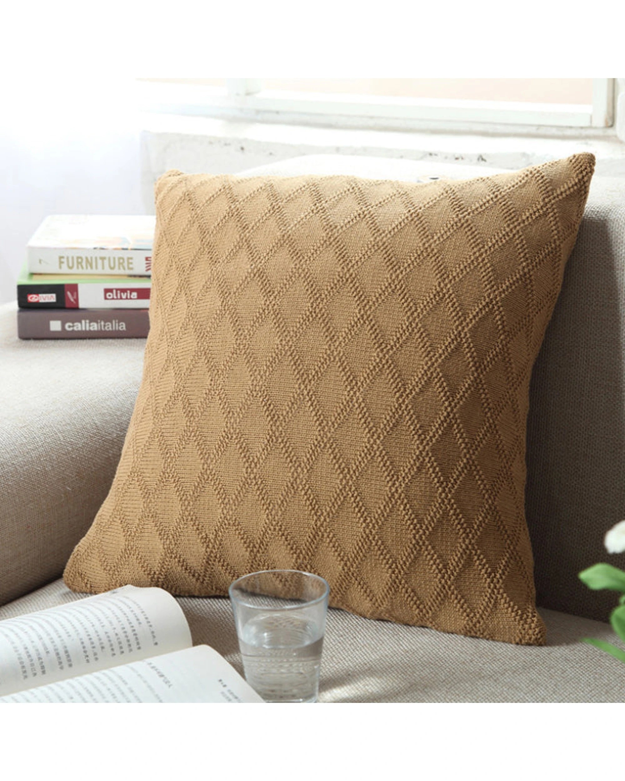2 Cotton More 100% Cotton Knitted Square Cushion Pillow Cover Diamond Pattern - Brown, 2 of 2