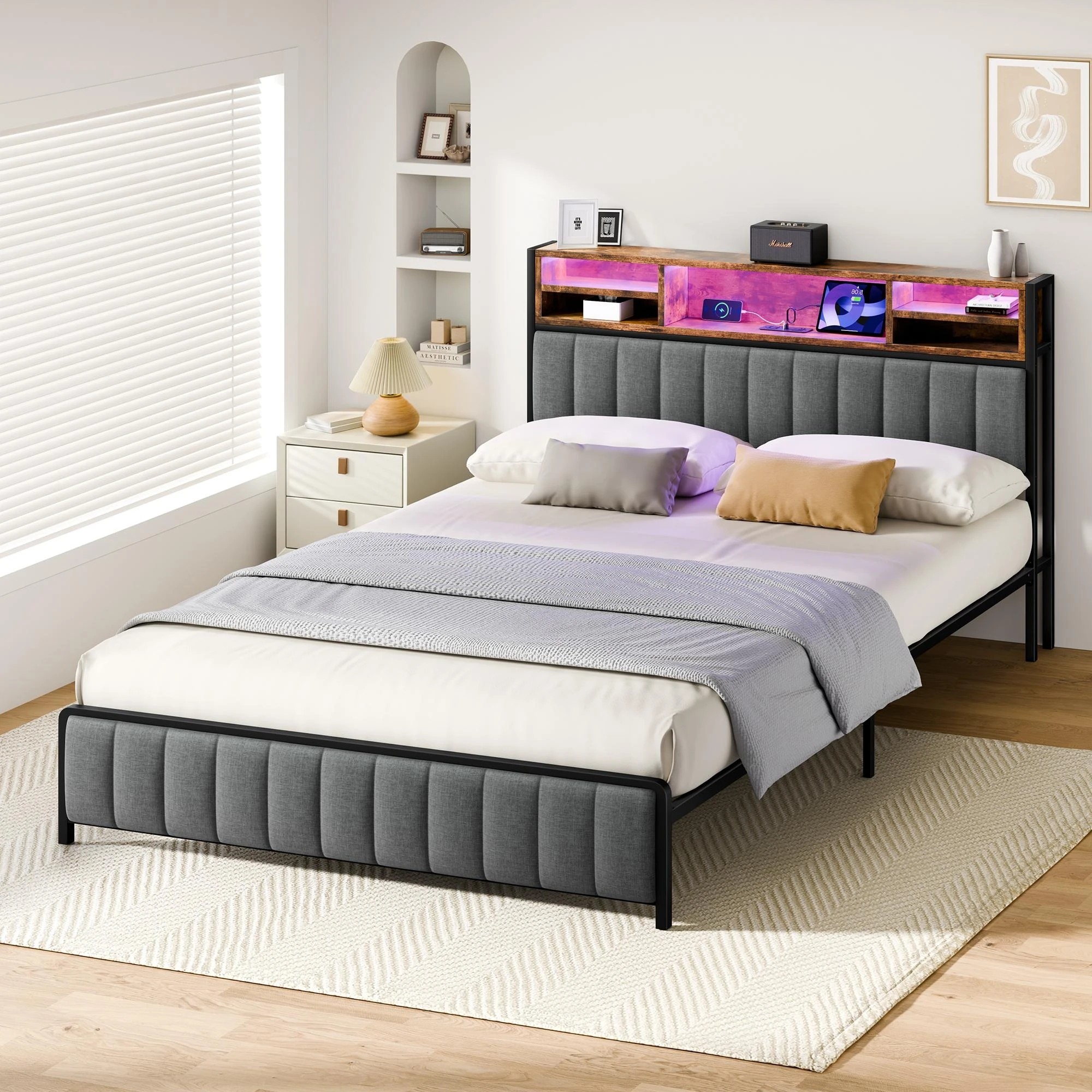 7 Alfordson Bed Frame Queen LED Charging Station Linen - Grey, 7 of 10