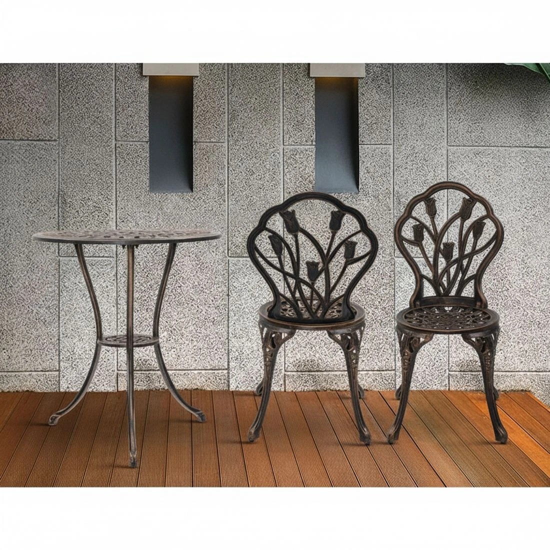 4 Gardeon 3PC Outdoor Setting Bistro Set Chairs Table Cast Aluminum Patio Furniture Tulip Bronze - Bronze, 4 of 5