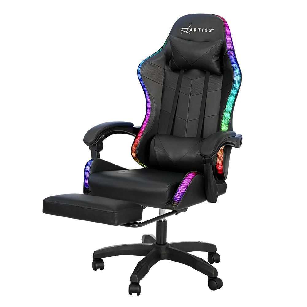 1 Artiss 6 Point Massage Gaming Office Chair 7 LED Footrest - Black, 1 of 5