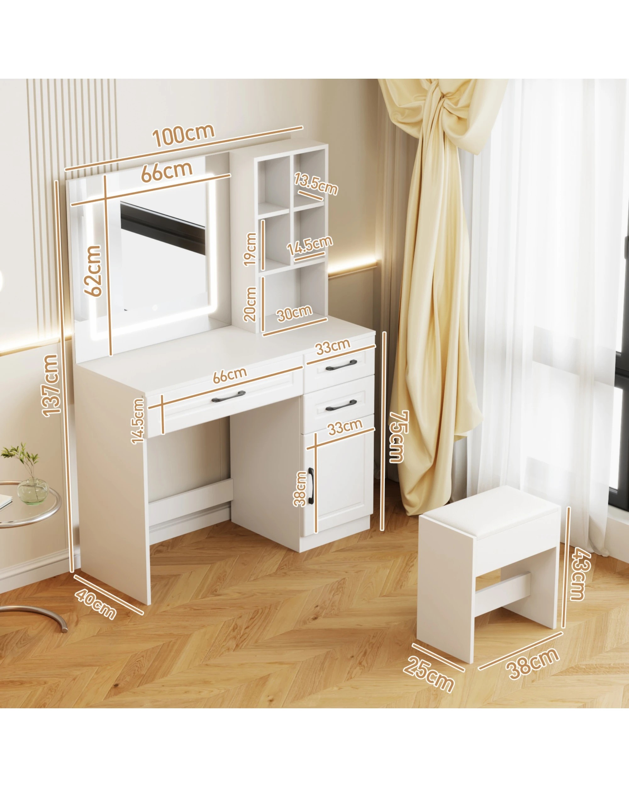 9 Advwin Dressing Table Stool Set Charging Station Led Mirror, 9 of 10