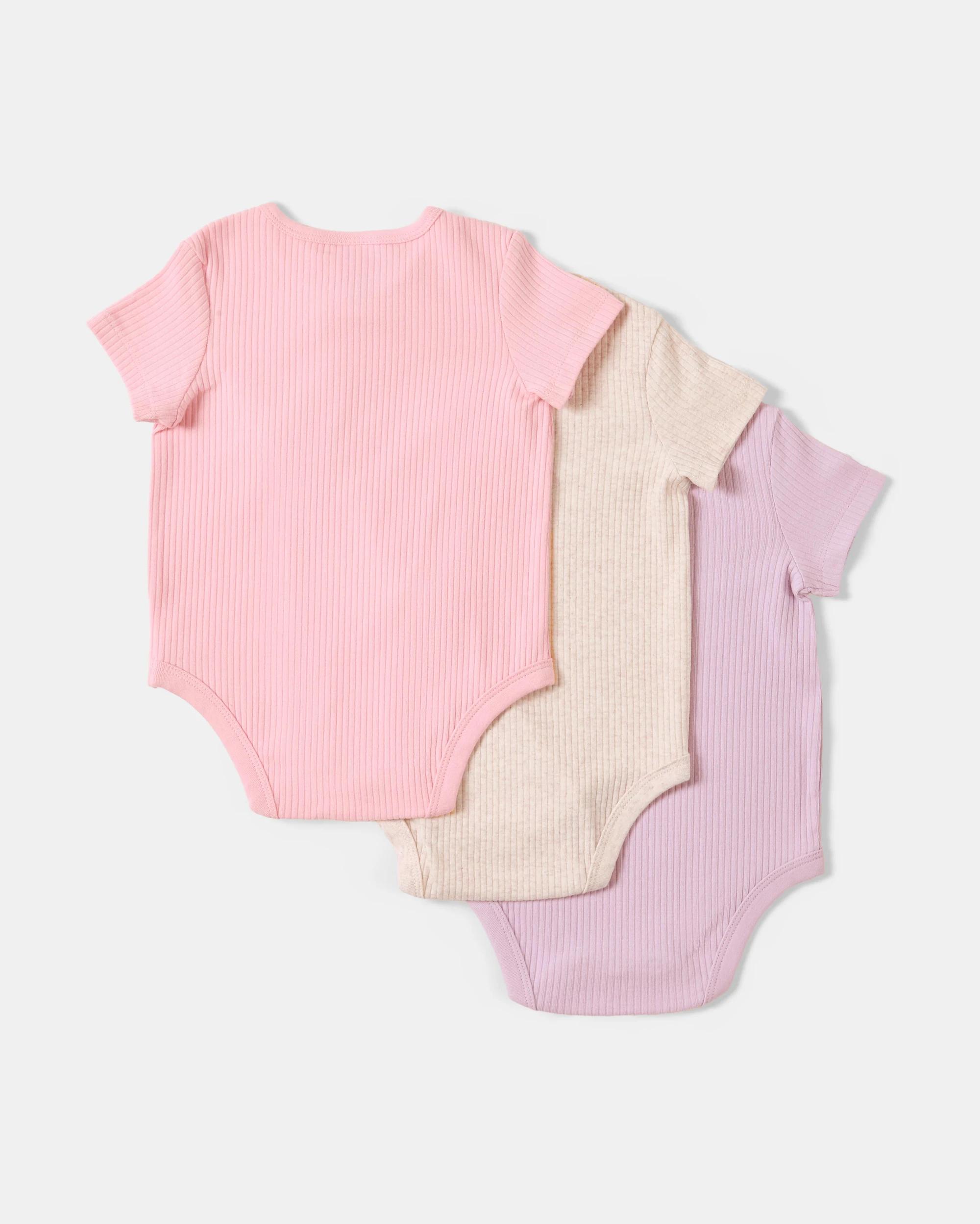 2 3 Pack Short Sleeve Rib Bodysuits Pink Multi, 2 of 8