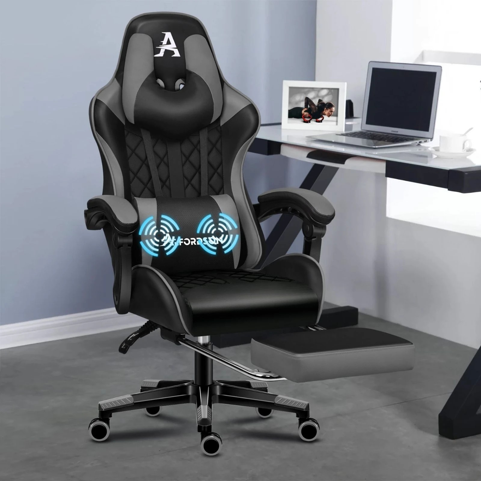 2 Alfordson Gaming Chair Office Racer Large Lumbar Cushion Footrest Seat Leather - Grey, 2 of 10