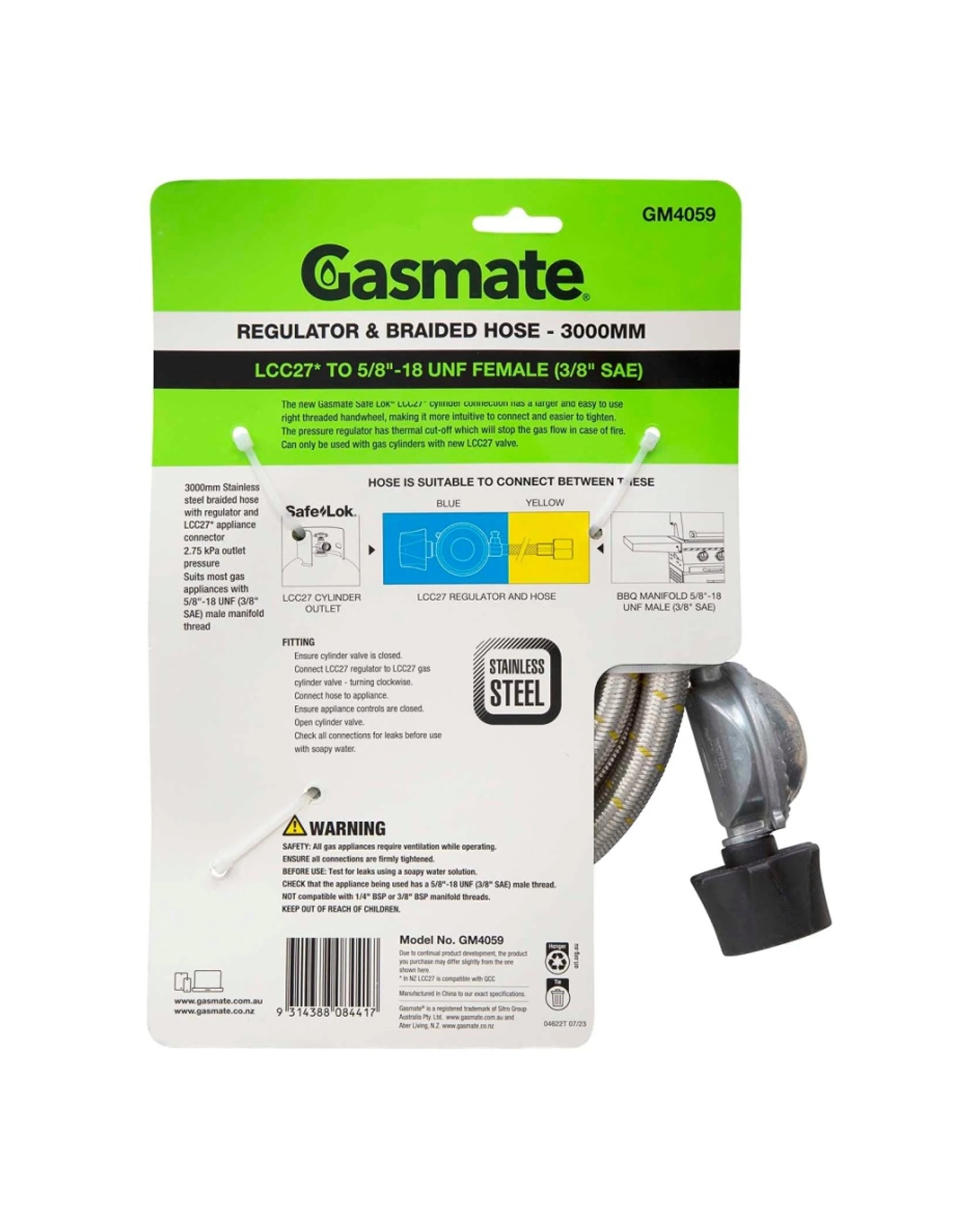2 Gasmate Regulator Braided Hose 3000mm LCC27 To 5/8 UNF 3/8 SAE Connector - Metallic, 2 of 3