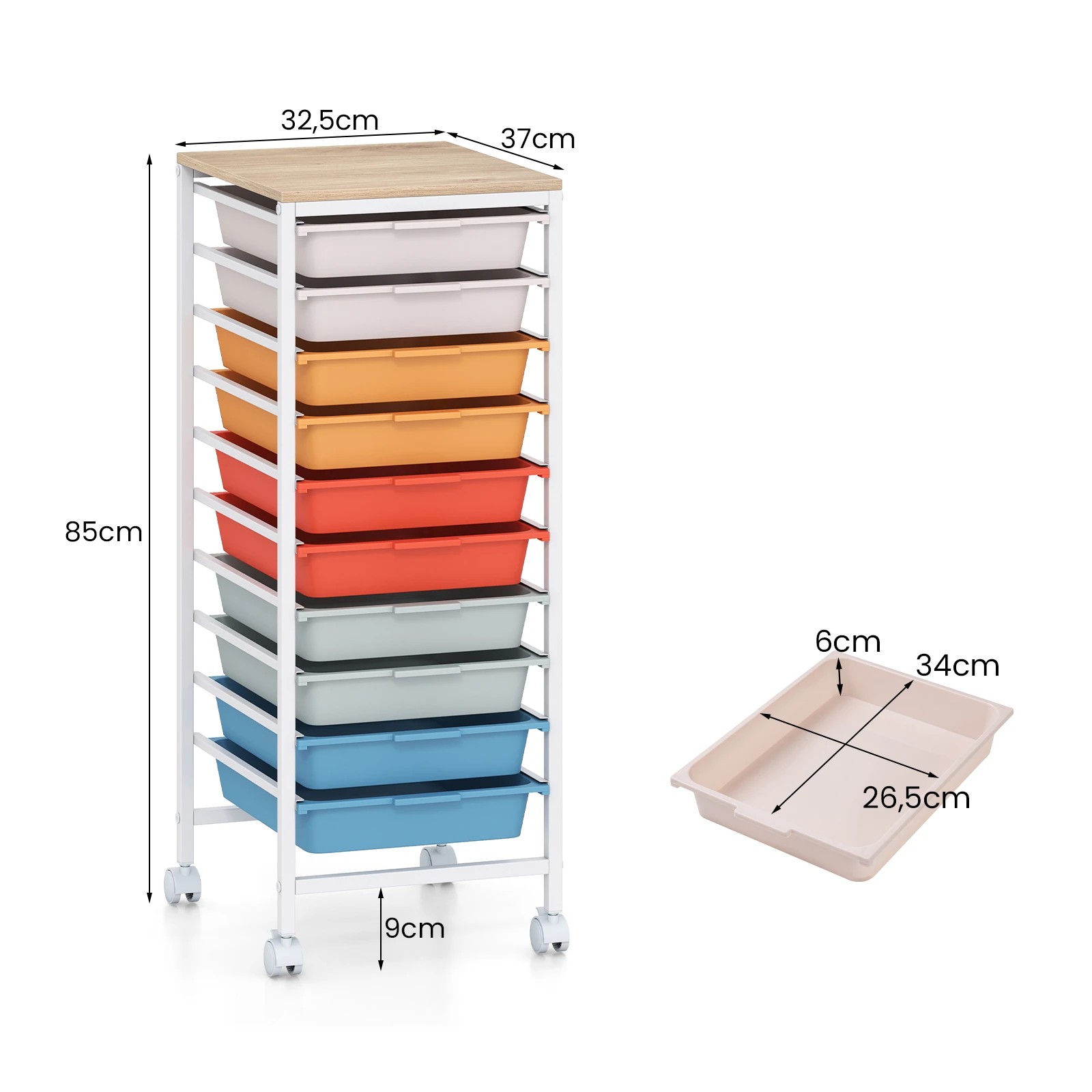 2 Costway 10-Drawer Rolling Storage Cart Mobile Utility Organizer w/Wooden Tabletop - Multi, 2 of 6