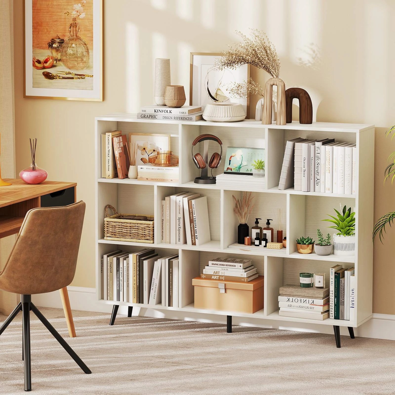 2 Costway 3-Tier 140cm Bookcase 10 Cube Bookshelf w/Metal Angled Legs Storage Display Organizer - White, 2 of 5