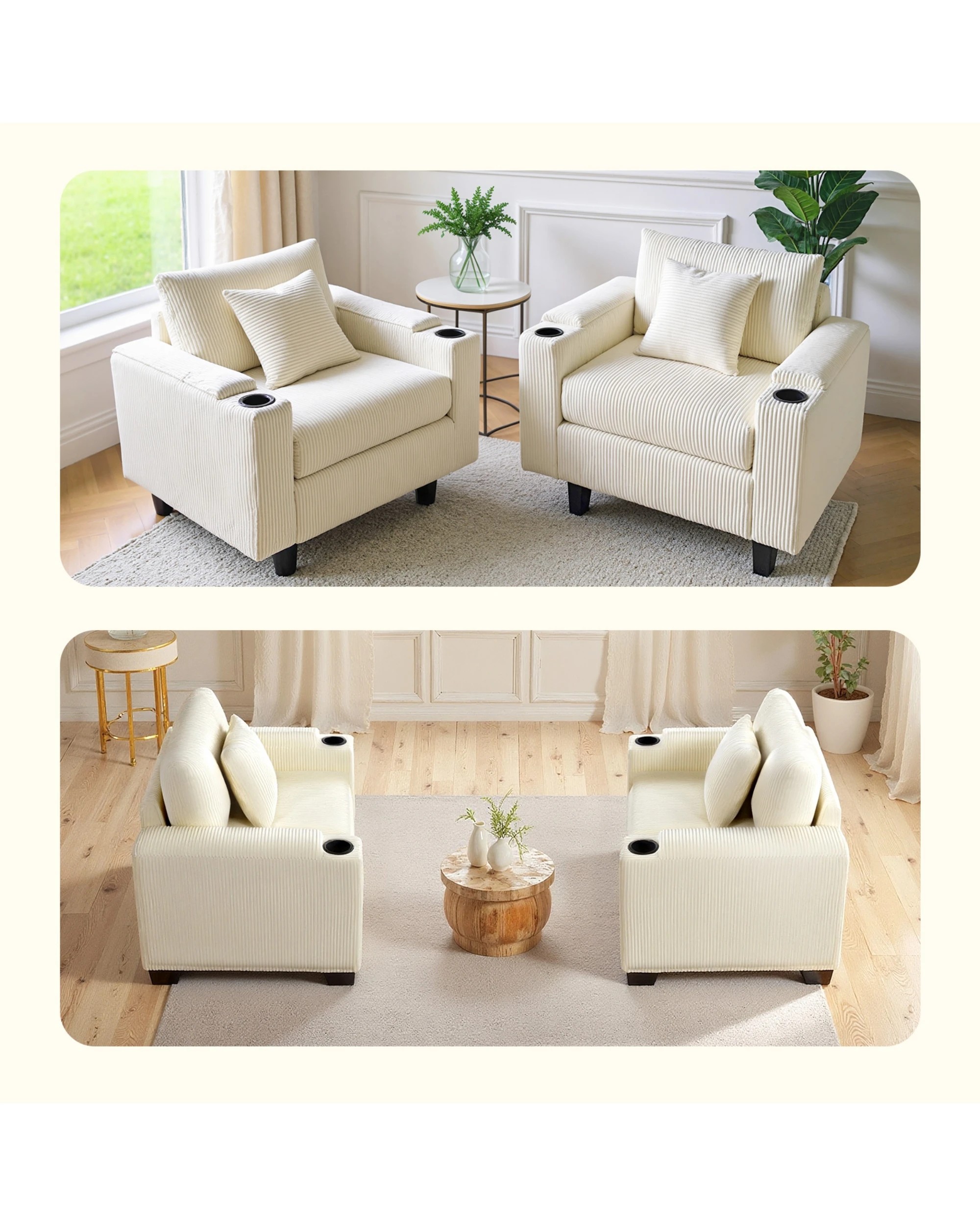 3 Advwin Single Sofa w/ Storage Armrests Corduroy Armchair w/ Cup Holder Modern Lounge Sofa Couch with Cushion, 3 of 9