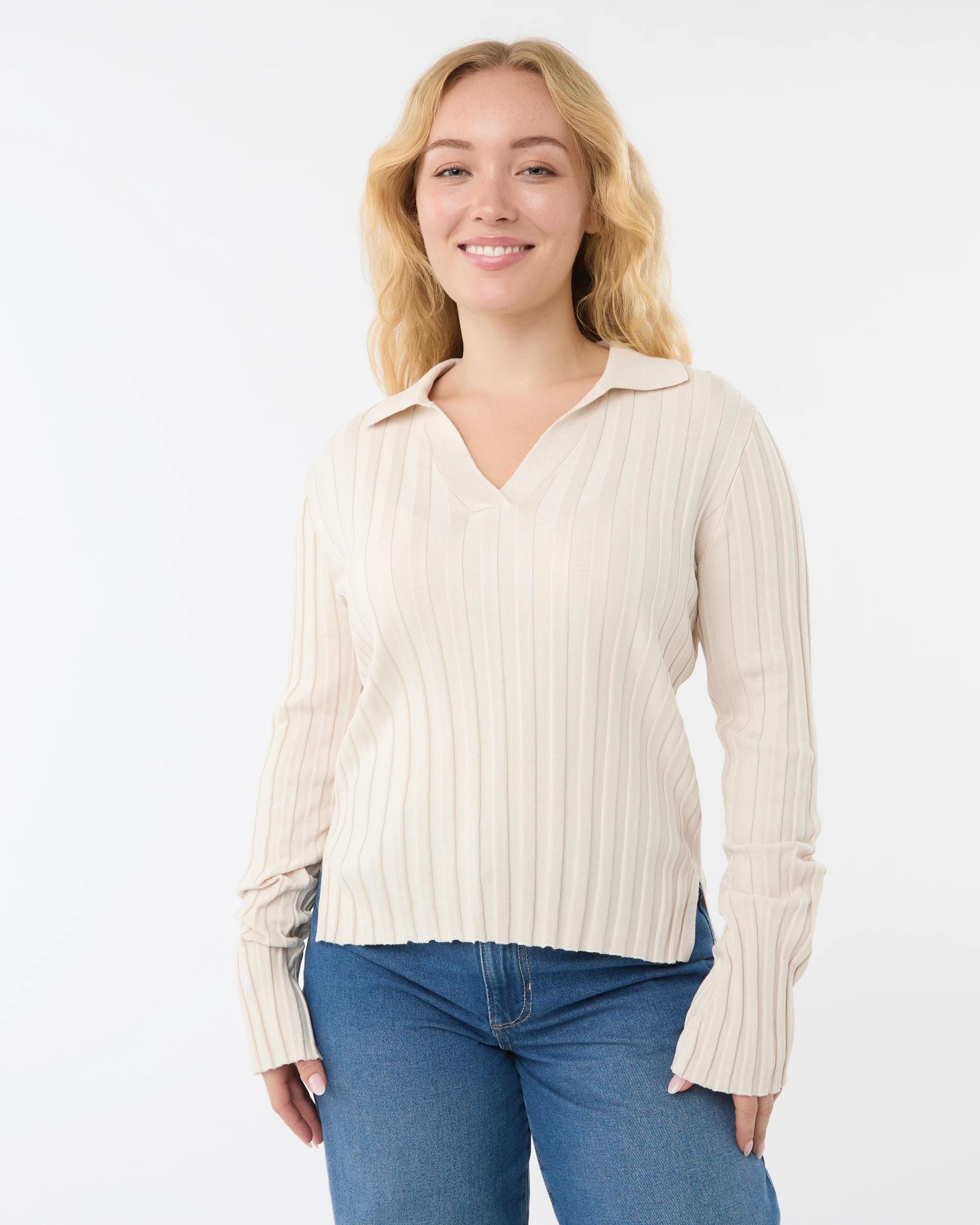 1 Long Sleeve Polo Top Nat Beige, 1 of 6