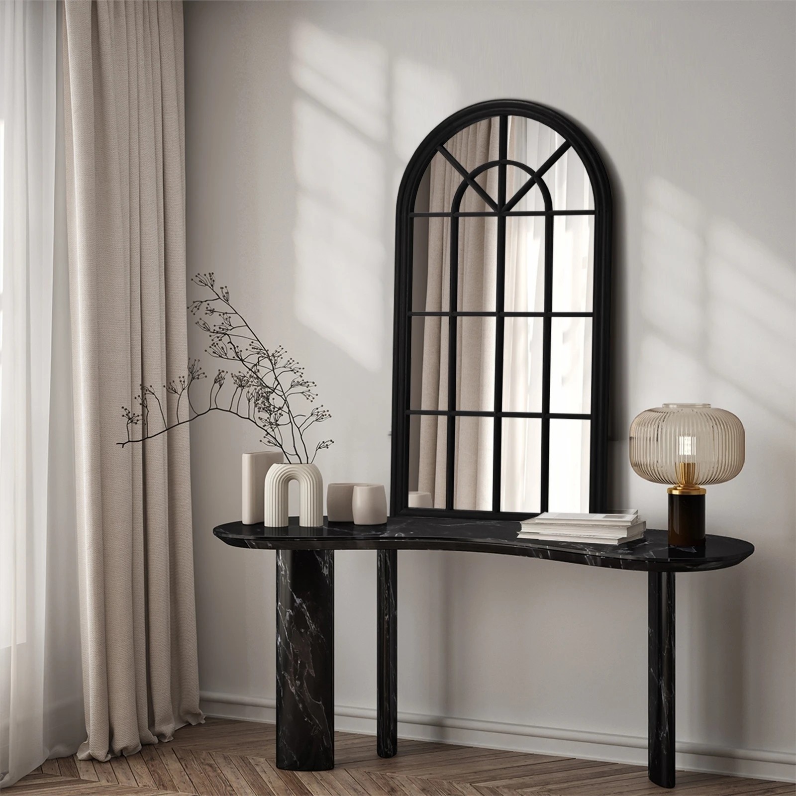 3 Oikiture Window Mirror Arched Wall Mirrors Decor 76x51cm Wooden
 - Black, 3 of 9